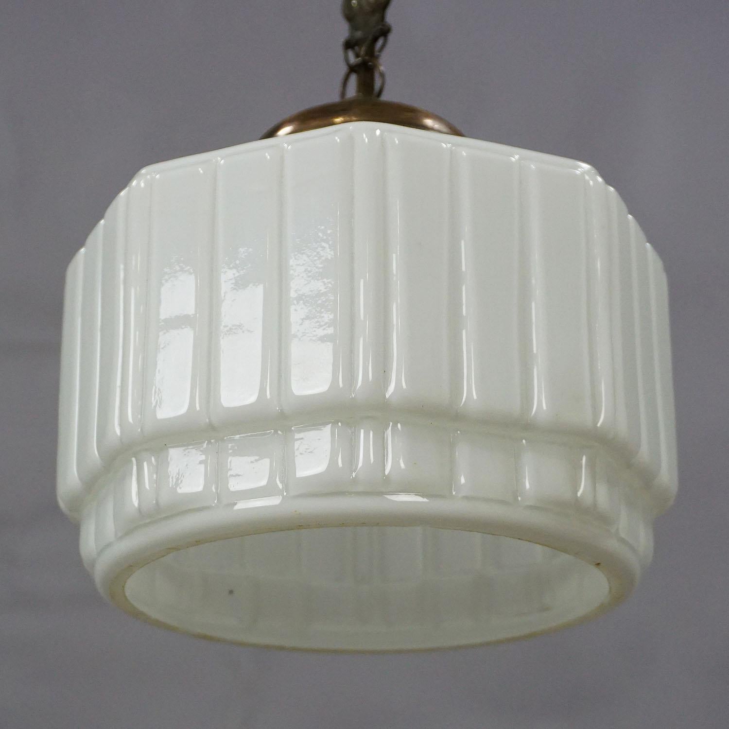 Antique Pendant Light with Large White Glass Shade ca. 1920 In Good Condition For Sale In Berghuelen, DE