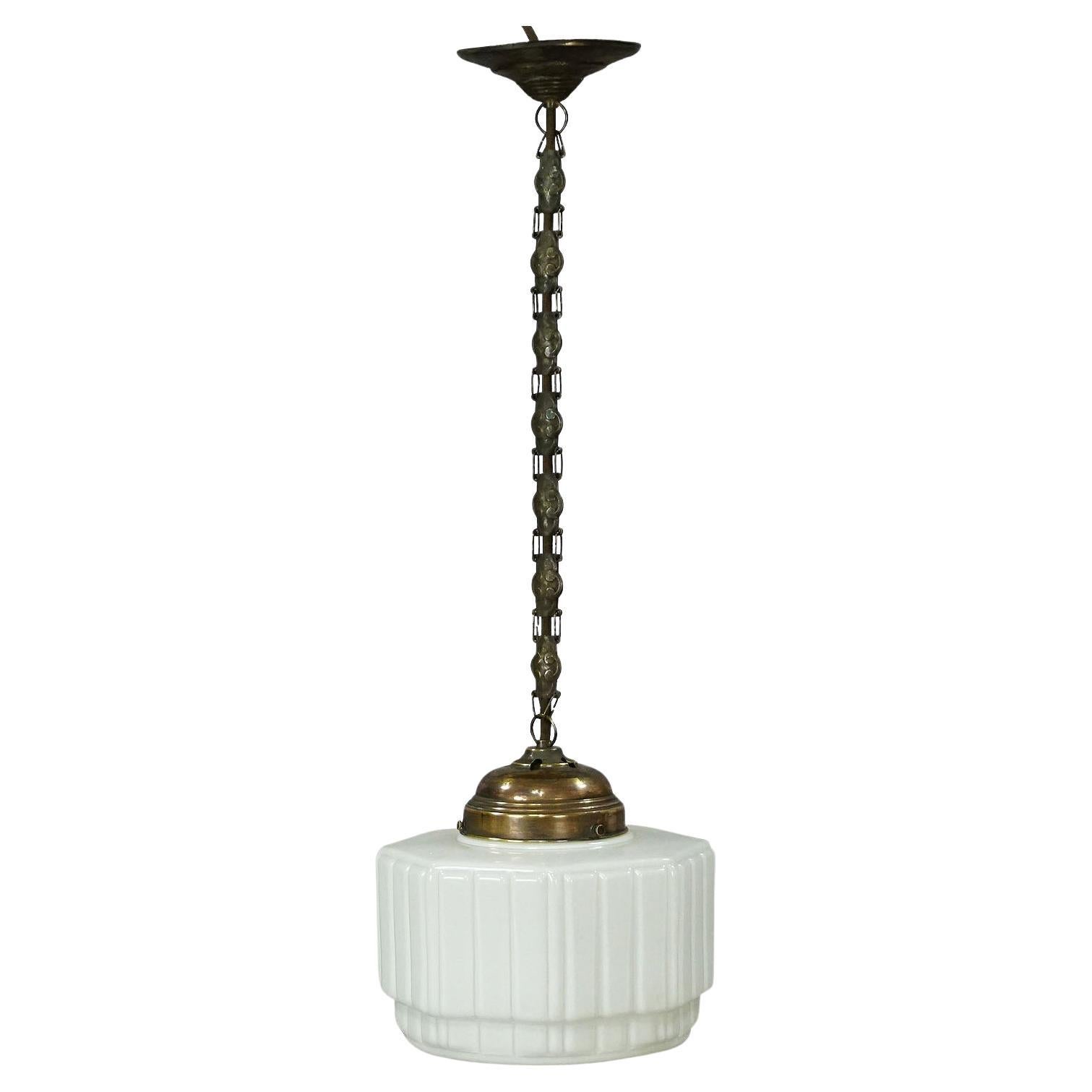 Antique Pendant Light with Large White Glass Shade ca. 1920 For Sale