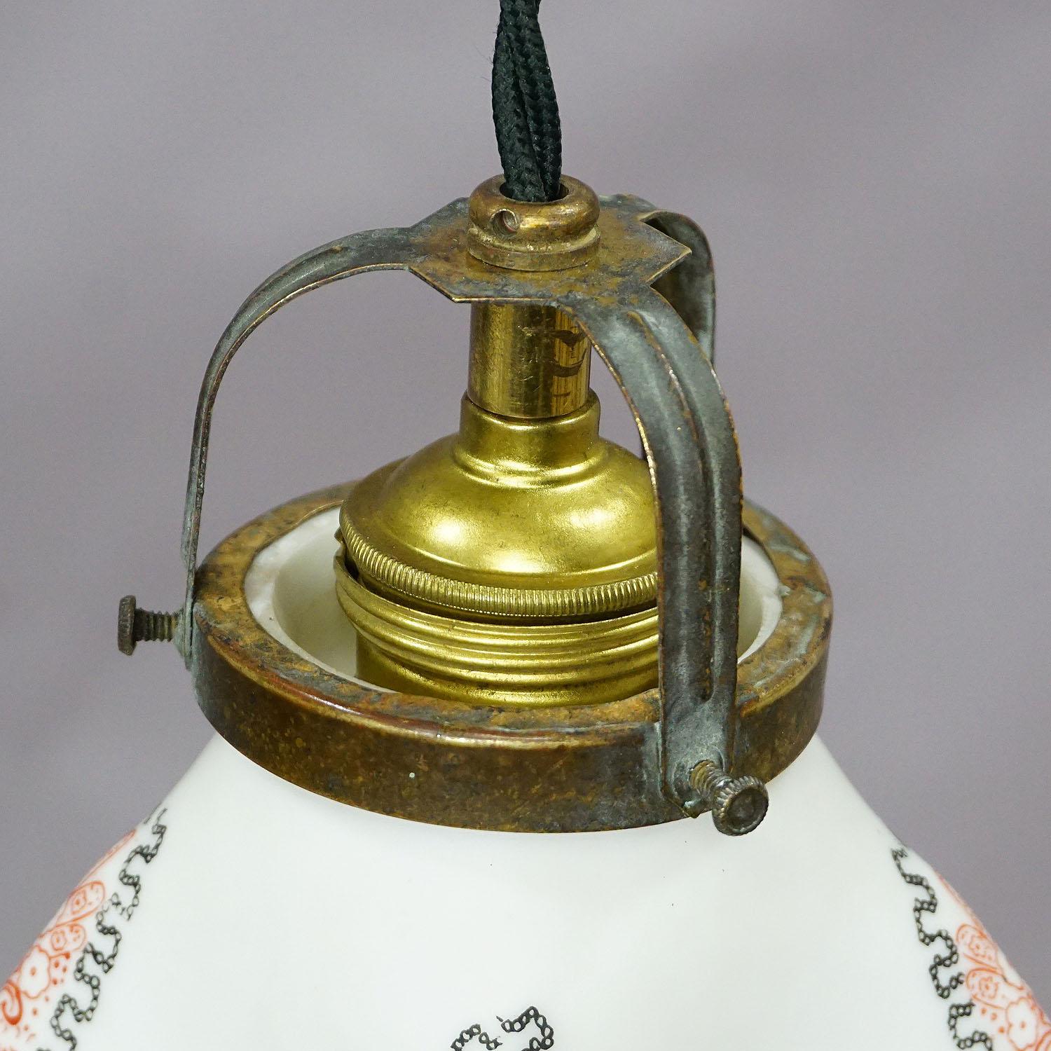 German Antique Pendant Light with White Glass Shade, circa 1920