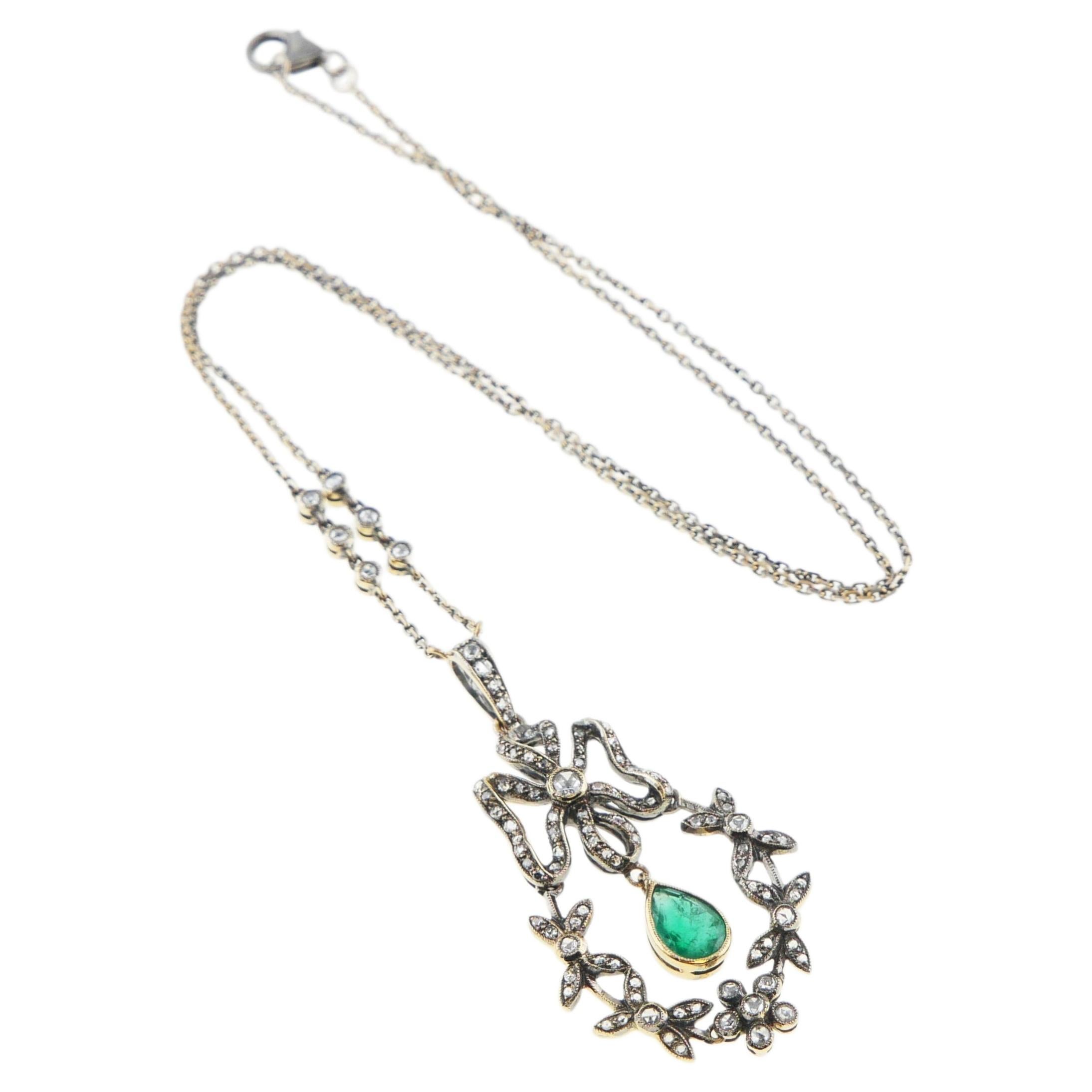 Antique Pendant Necklace natural 1ct. Emerald Diamonds solid 18K Gold / 8.3 gr