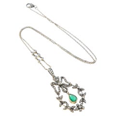 Antique Pendant Necklace natural 1ct. Emerald Diamonds solid 18K Gold / 8.3 gr