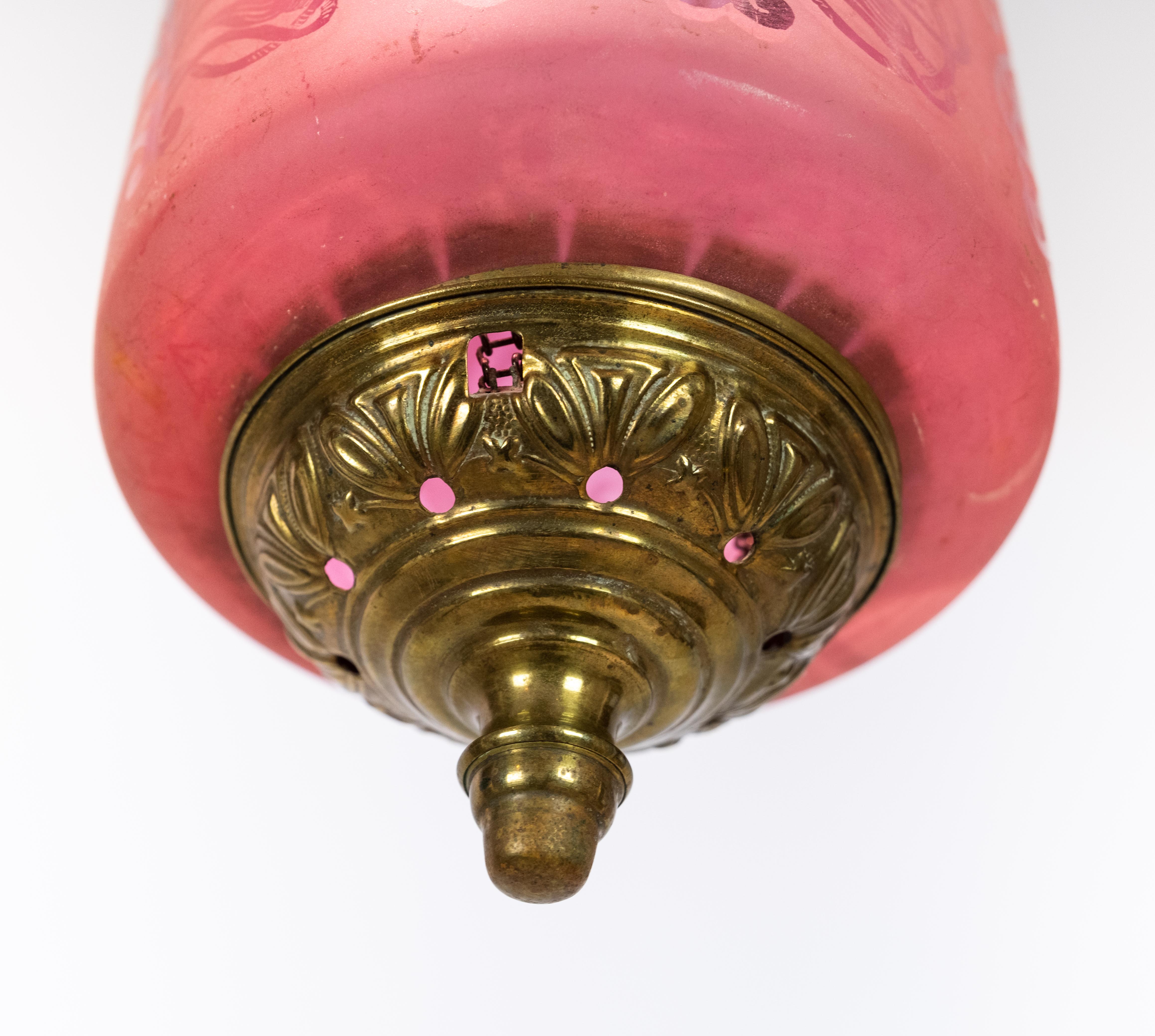 Other Antique Pendant of Pink Opaline Glass with Brass Edge and Suspension, 1860s