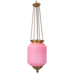 Antique Pendant of Pink Opaline Glass with Brass Edge and Suspension, 1860s