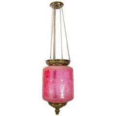 Antique Pendant of Pink Opaline Glass with Brass Edge and Suspension, 1860s