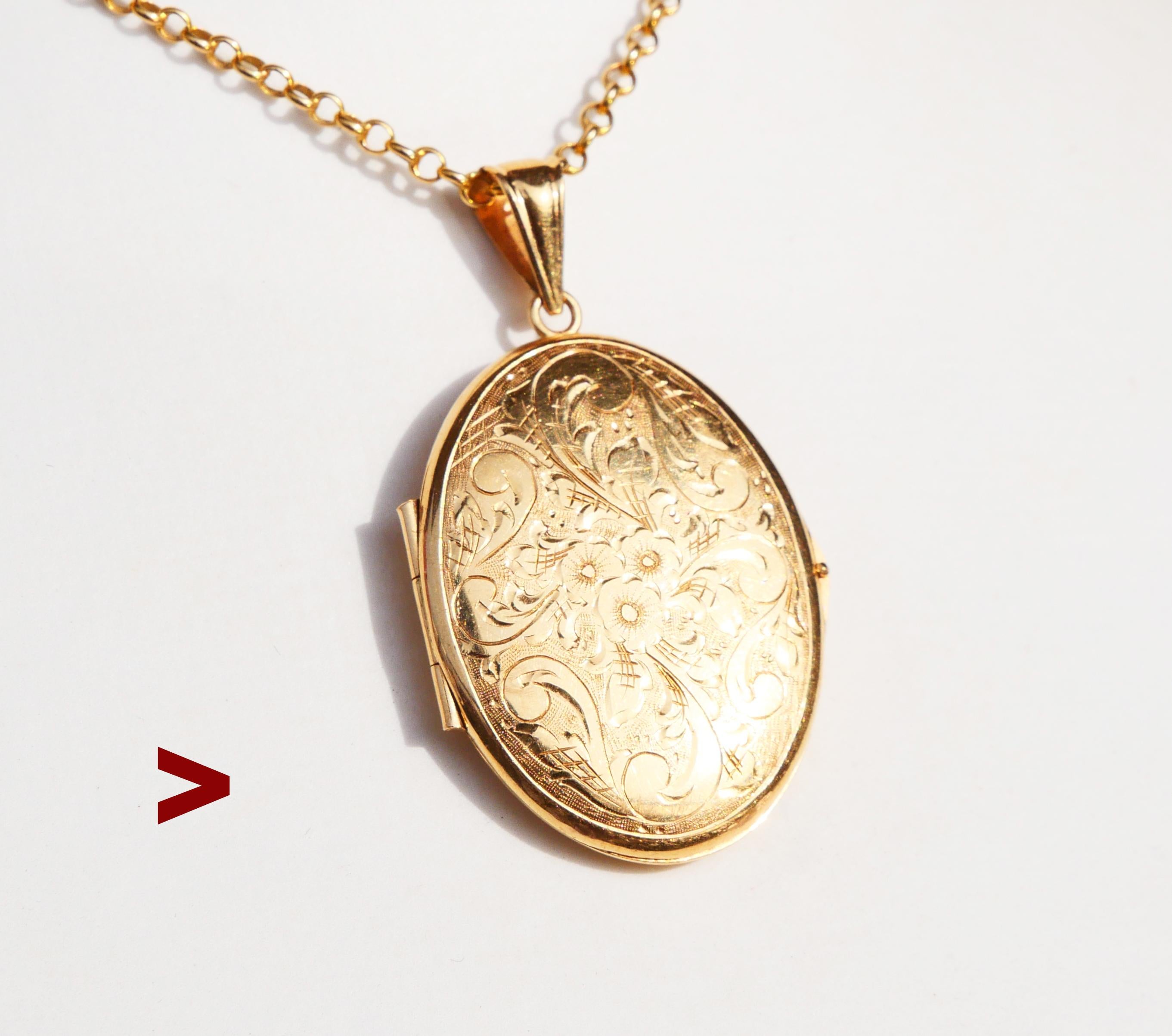 Antique Locket hand - made ca. 1920s -1930s. Fine hand - engraved floral ornament on the frontal side. Internal bezels for images inside with plexiglass covers. All parts tested 18K Yellow Gold. 

Swedish hallmarks, bail hallmarked 18K, three crowns
