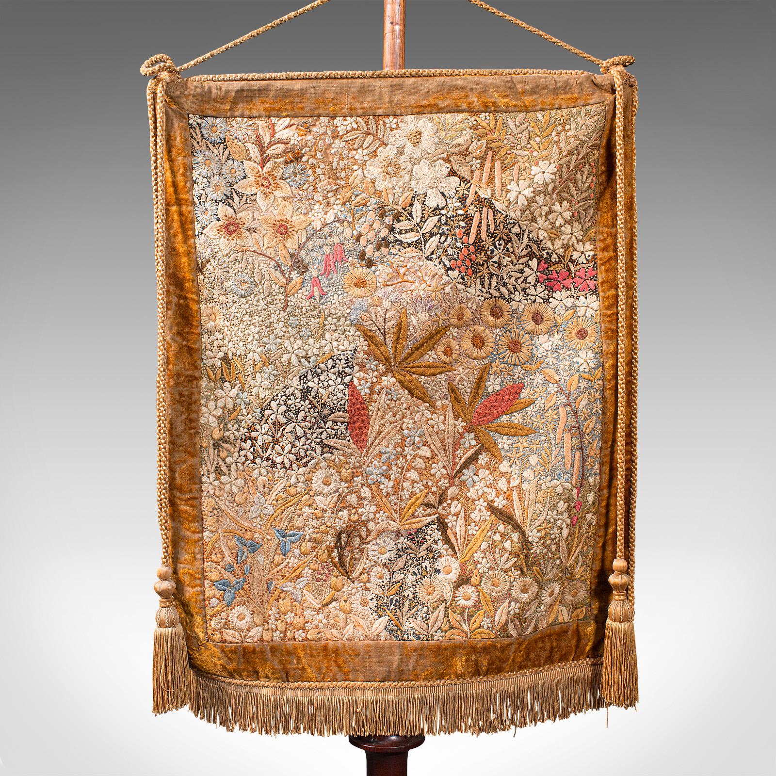 Wood Antique Pendant Pole Screen, English, Fireside Tapestry Stand, William IV, 1835 For Sale