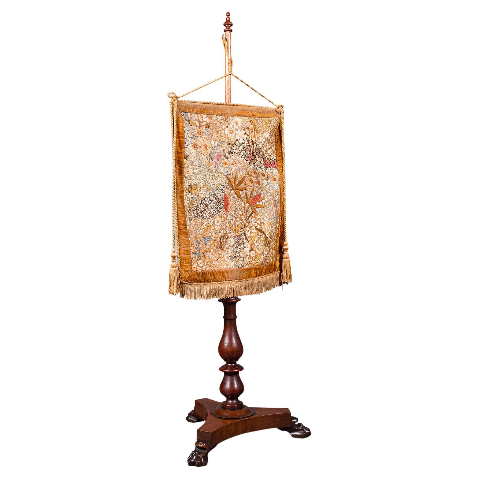 Antique Pendant Pole Screen, English, Fireside Tapestry Stand, William IV, 1835 For Sale