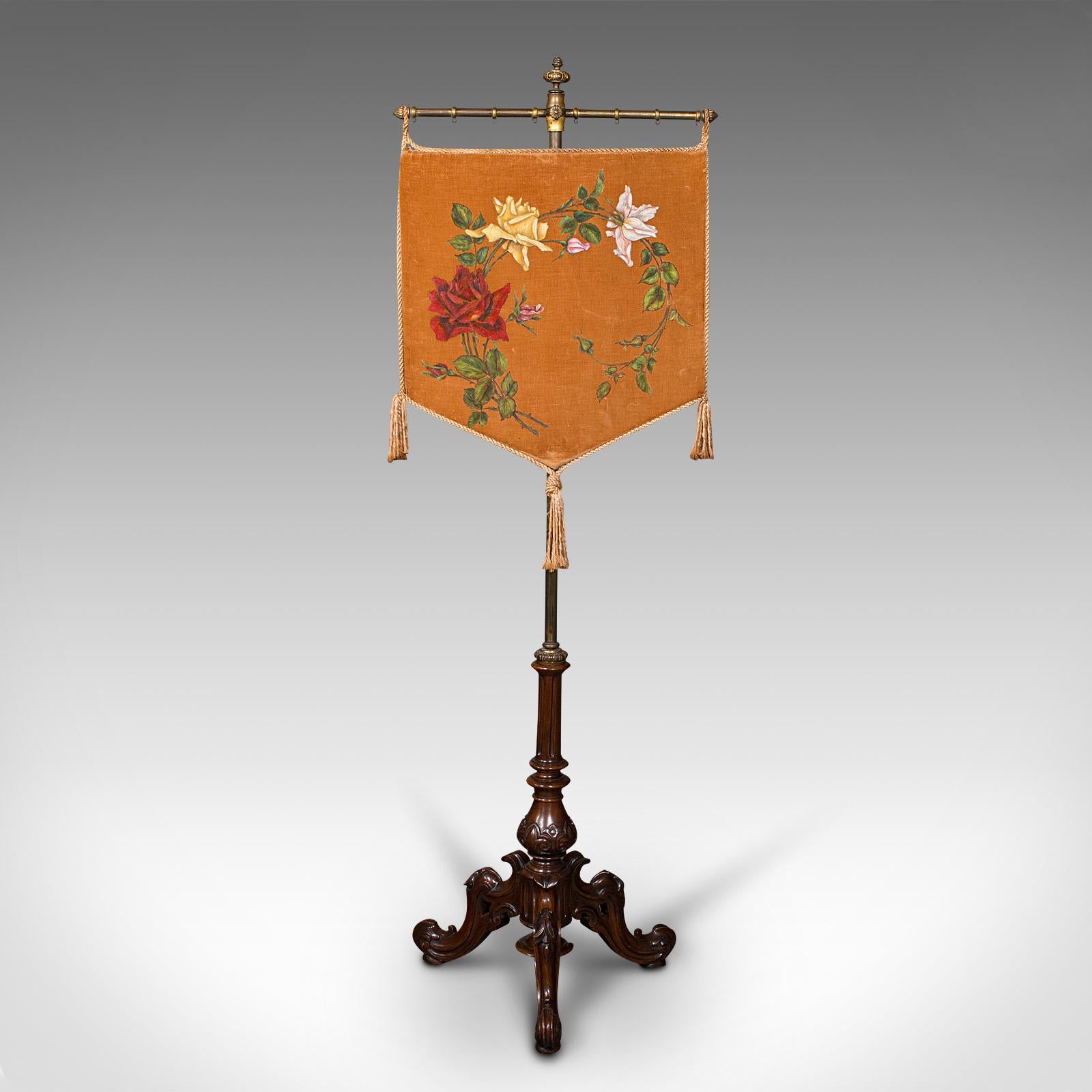 This is an antique pendant pole screen. An English, walnut and silk cotton fireside decorative stand, dating to the Regency period, circa 1830.

Superb, attractive example of fireside display furniture
Presents a desirable aged patina