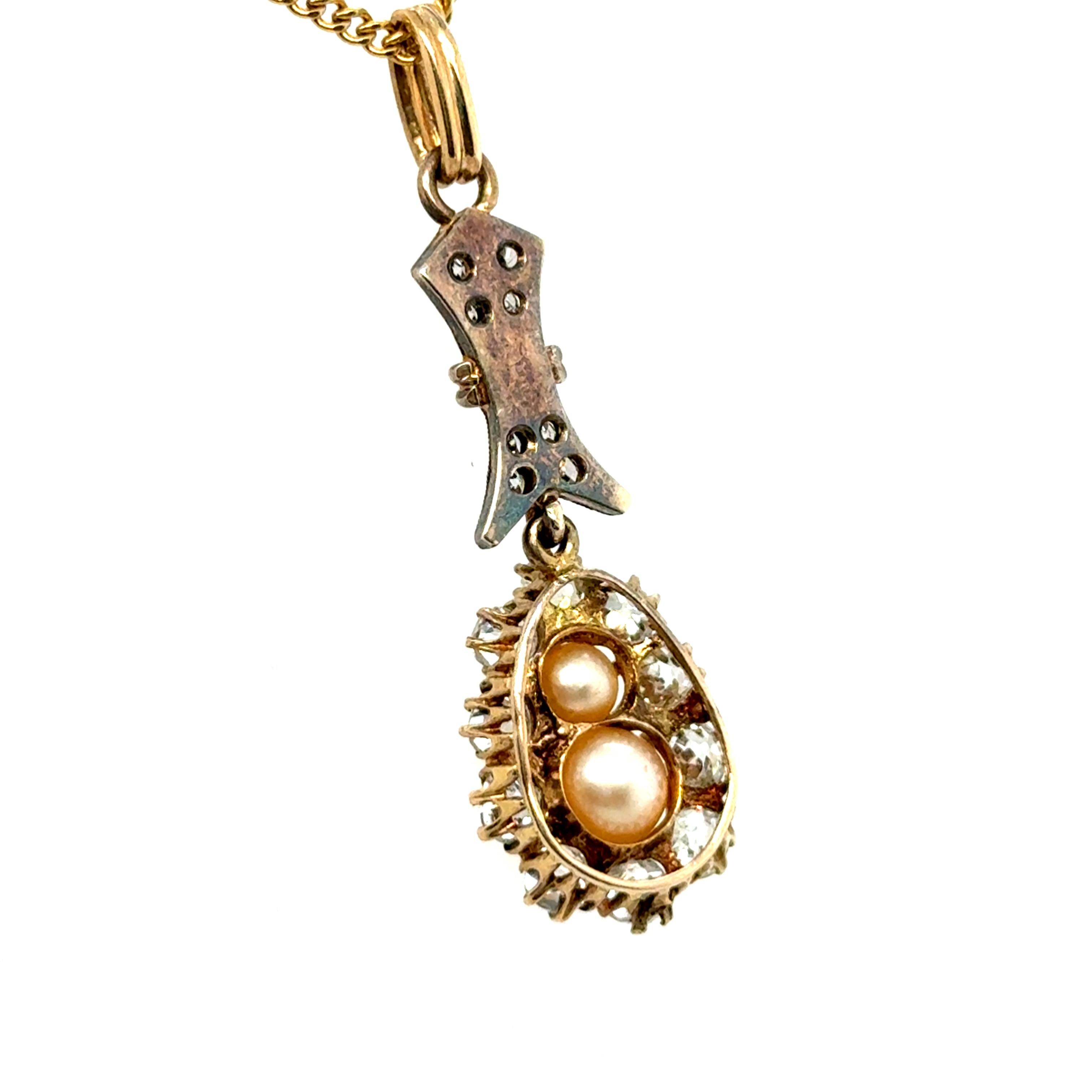 Antique Pendant with Natural Pearls & Old Cut Diamonds in Gold & Silver For Sale 6