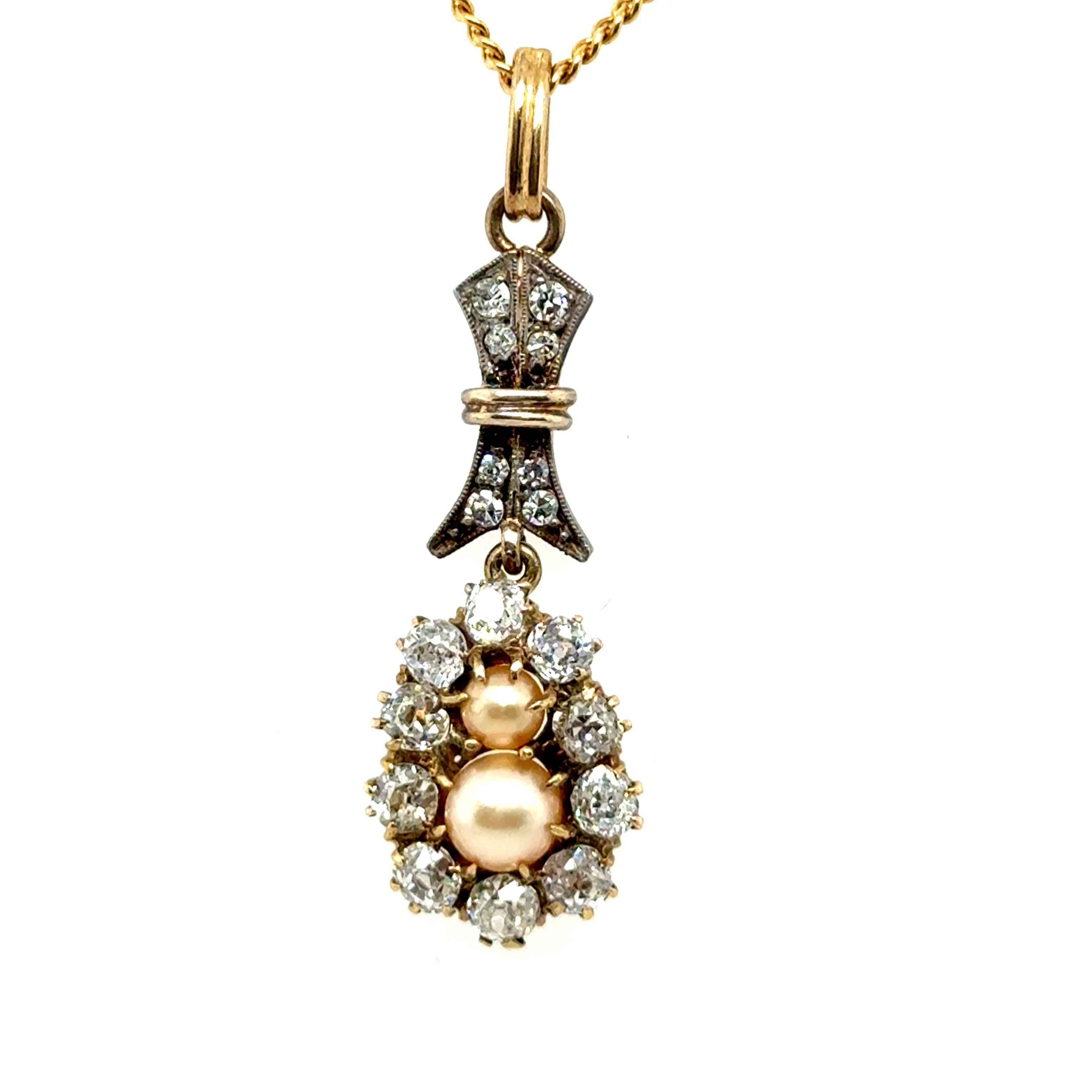 Late Victorian Antique Pendant with Natural Pearls & Old Cut Diamonds in Gold & Silver For Sale