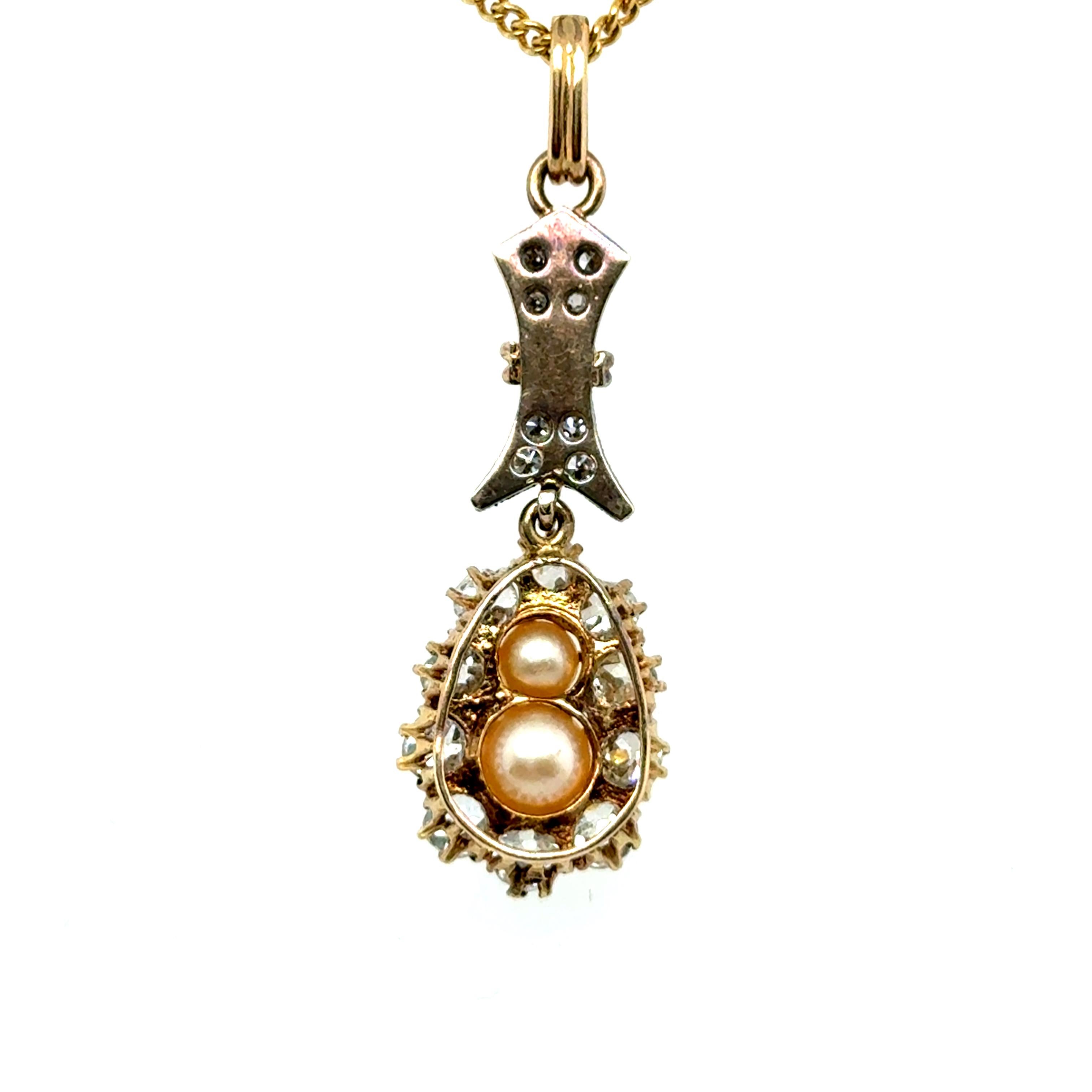 Antique Pendant with Natural Pearls & Old Cut Diamonds in Gold & Silver For Sale 1