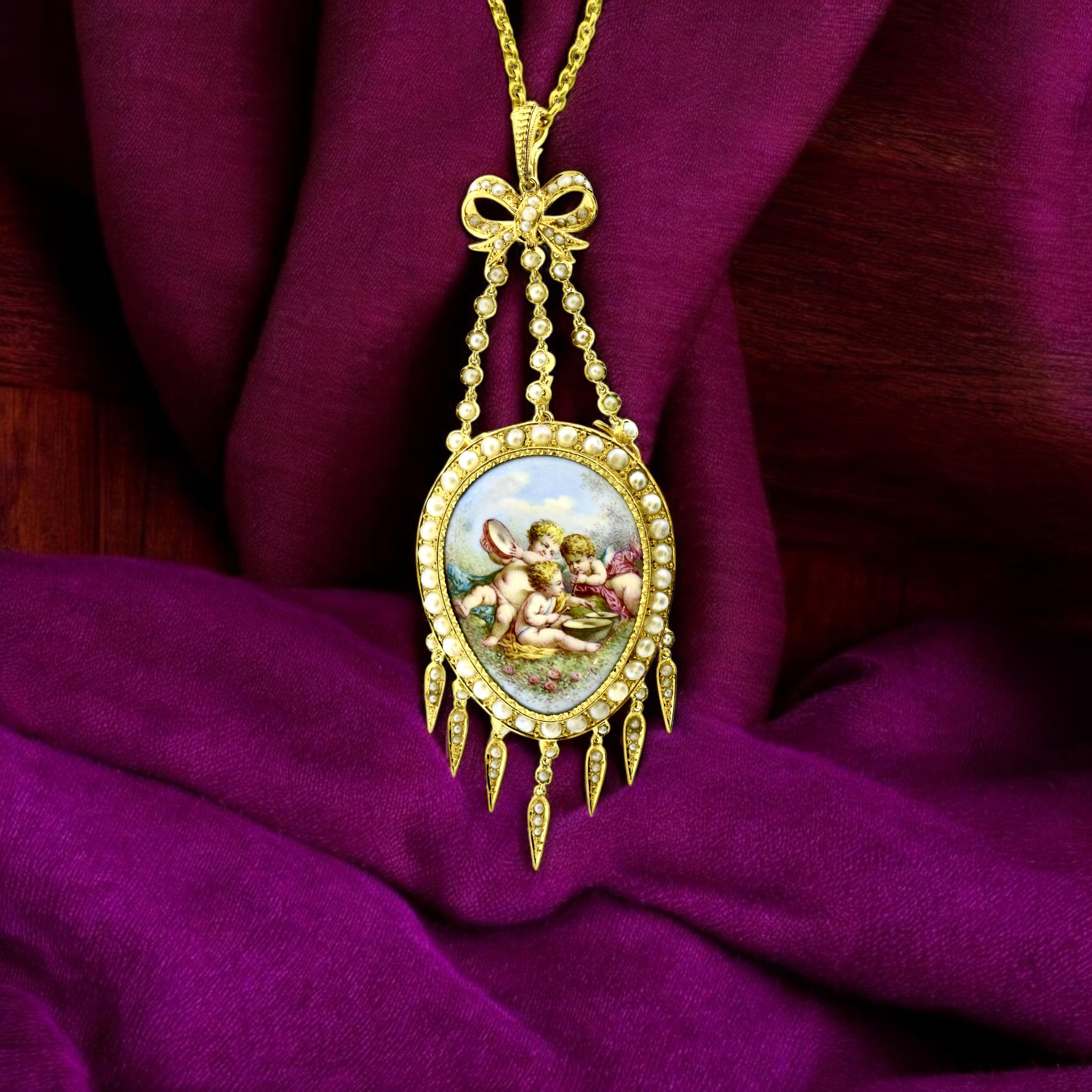 Napoleon III Antique Pendant with Very fine portrait enamel of Cherubs, 18K, French, c. 1860 For Sale