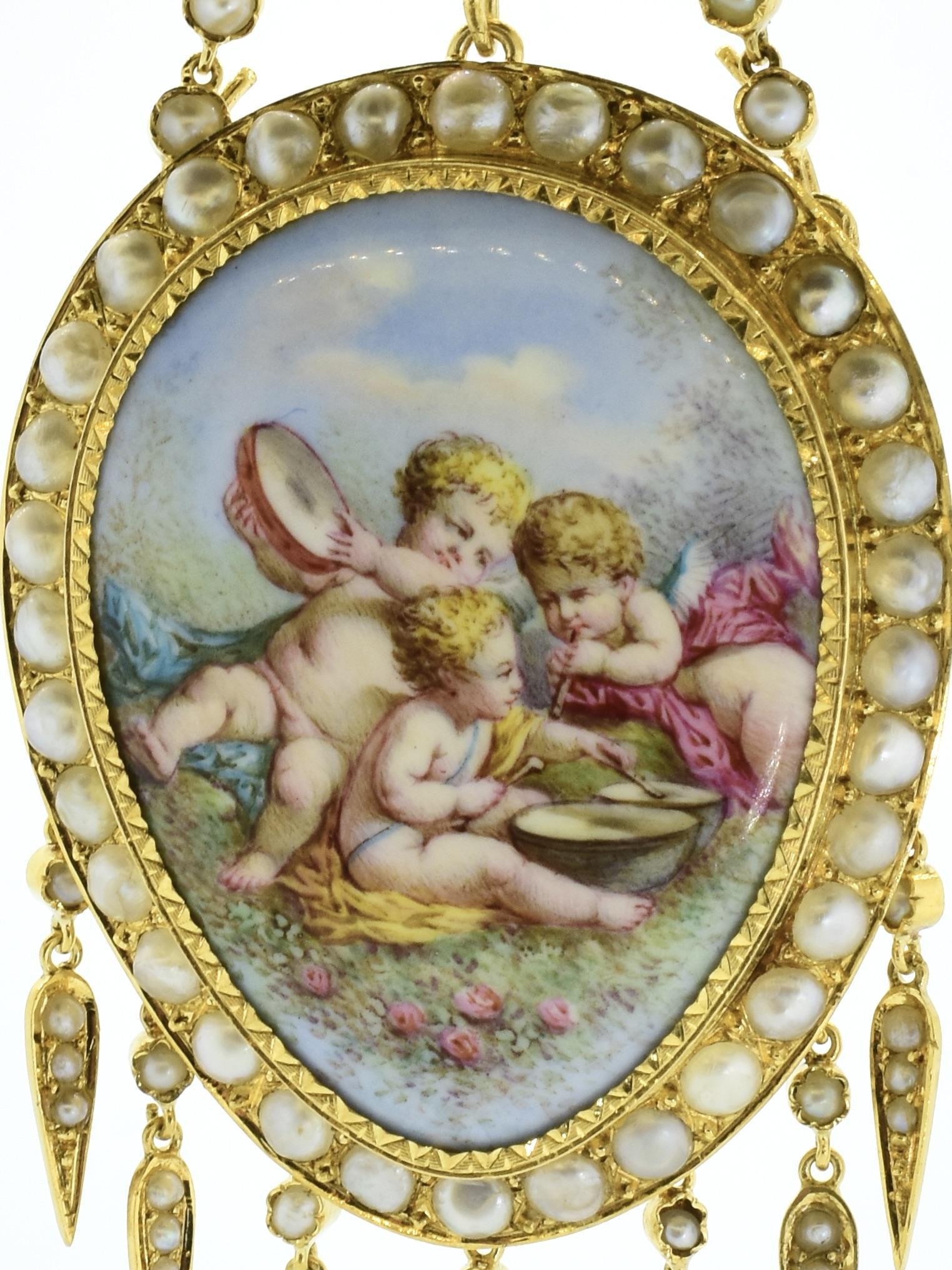 Bead Antique Pendant with Very fine portrait enamel of Cherubs, 18K, French, c. 1860 For Sale
