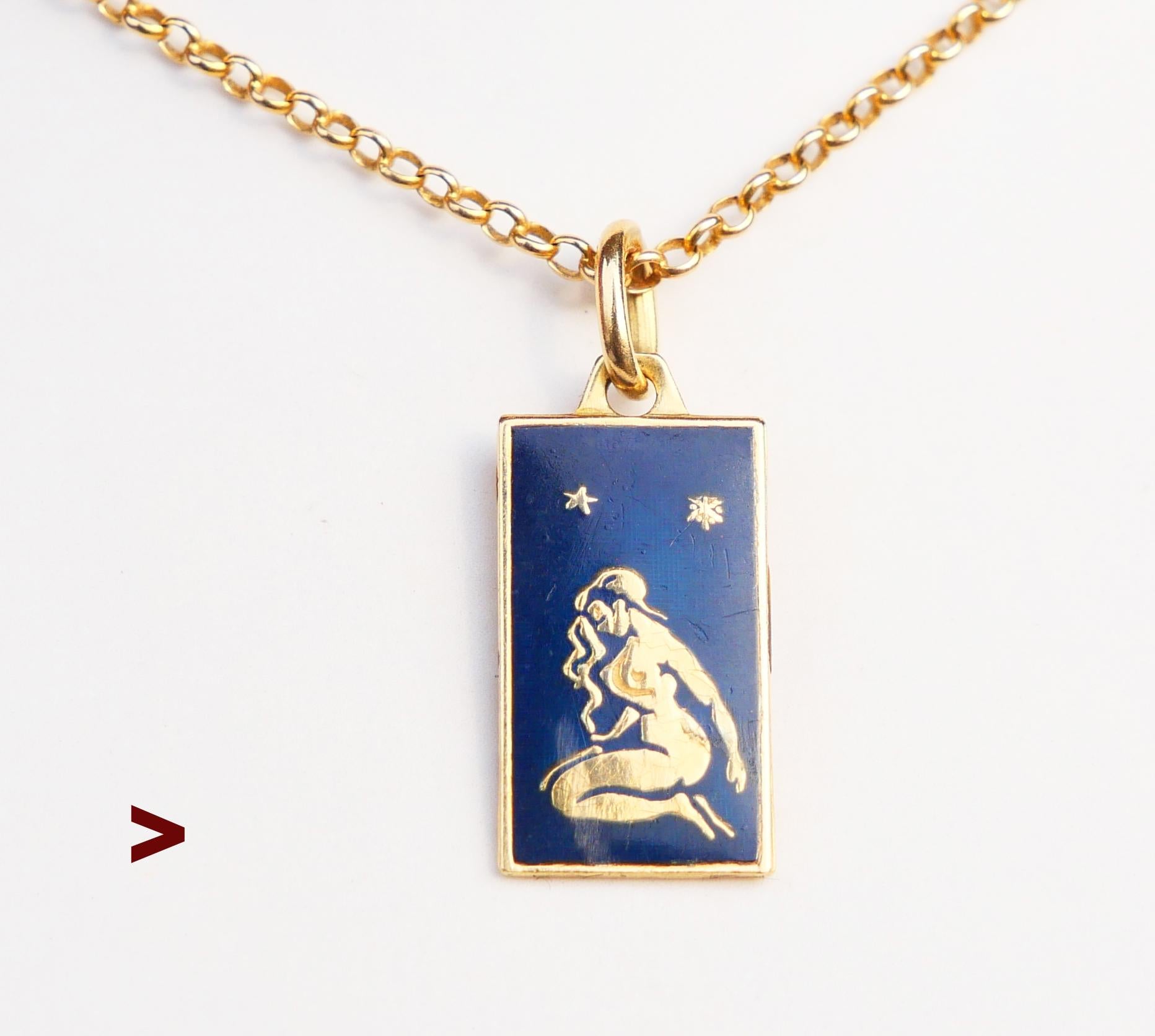 A pendant in solid 18K Yellow Gold with fine enameled depiction of Virgo Constellation in very seductive shapes. Hallmarked 750 , hand- made in Italy, c.1950s -1960s.

Measures 26 mm with ring x 10 mm wide.

Weight: 3.11 grams

Used fine condition,