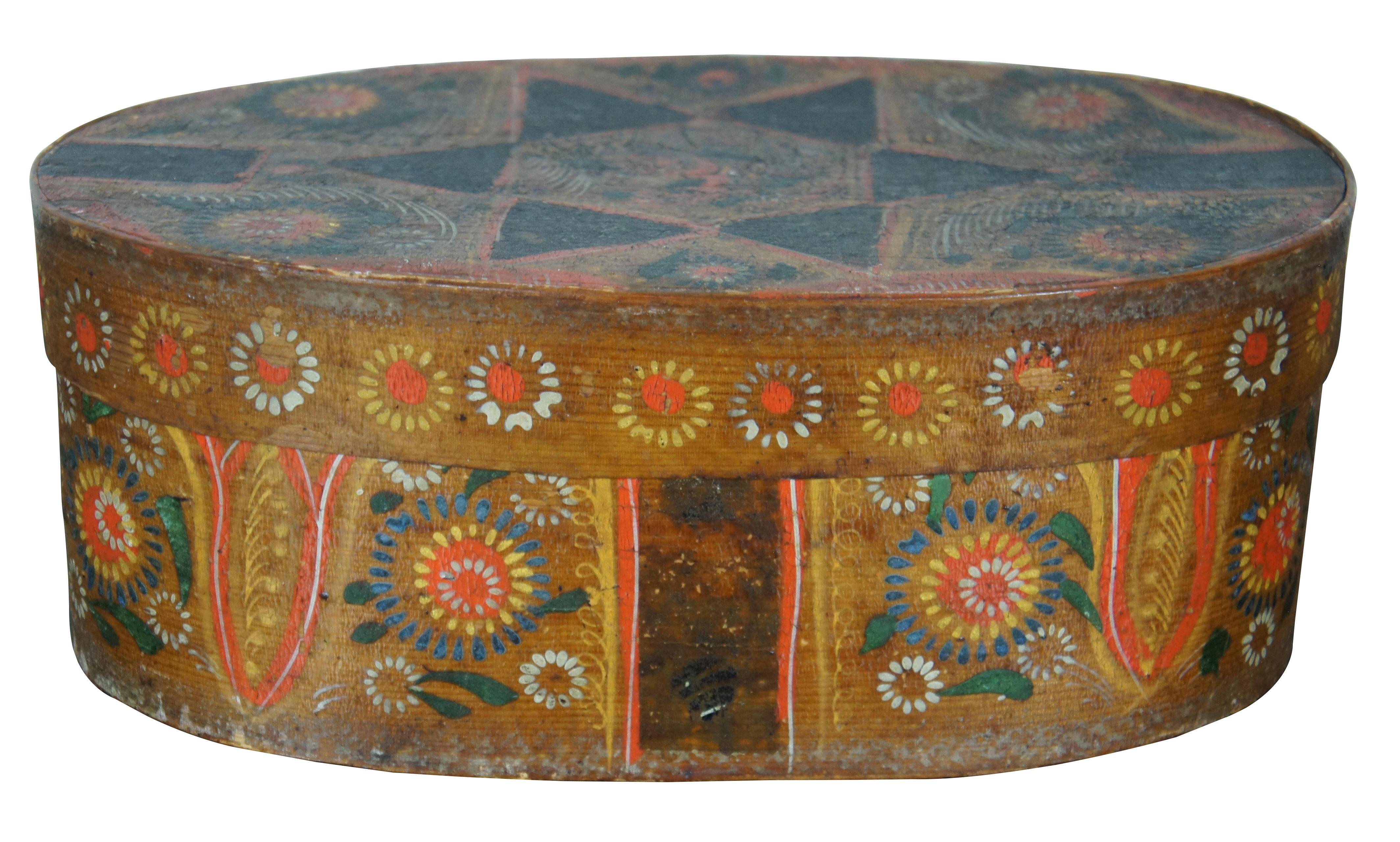 Antique 19th century German or Pennsylvania Dutch folk art Bride’s Box, crafted of bentwood and hand painted with floral and star motifs. Measure: 11
