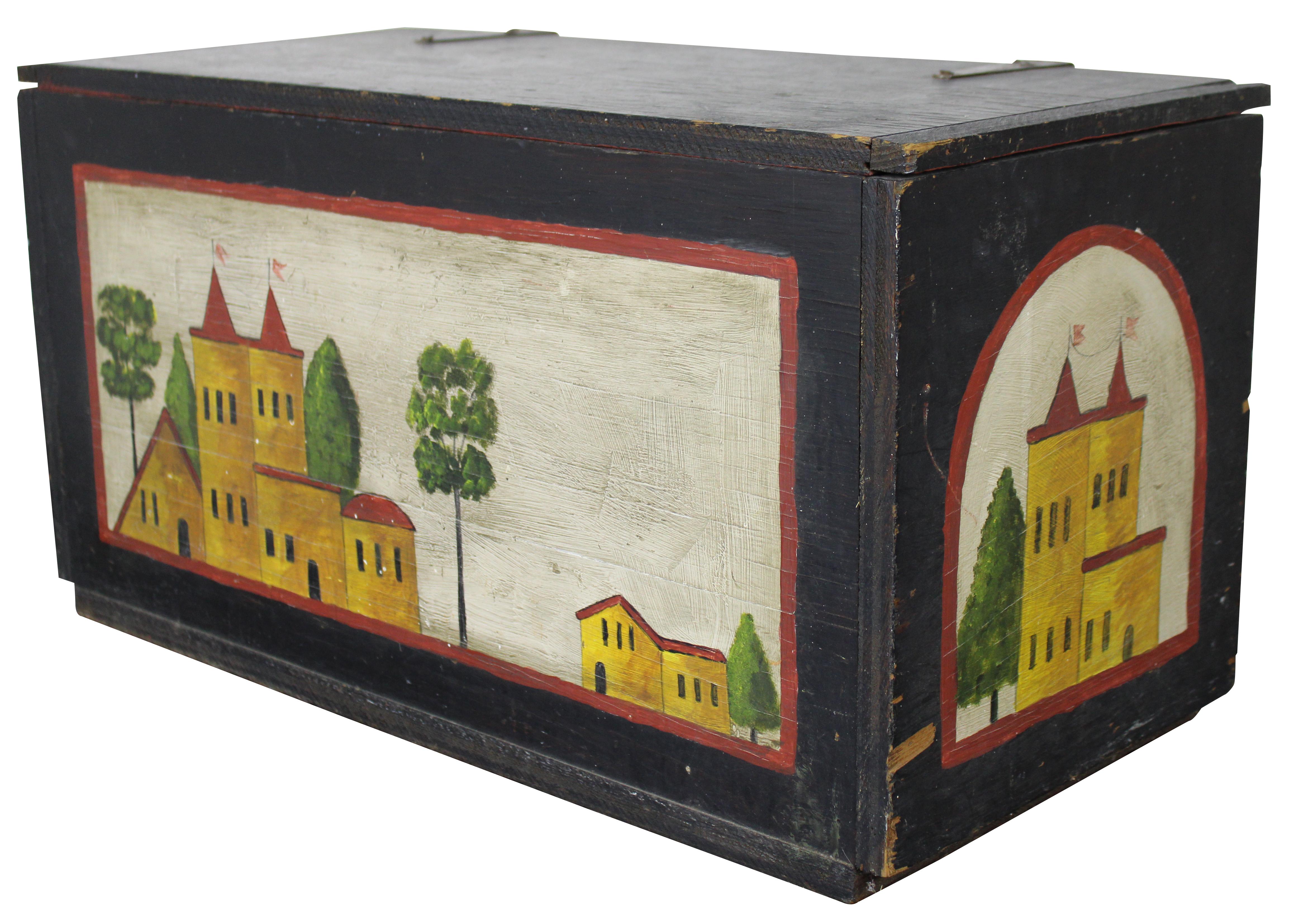 Antique Pennsylvania German painted pine Folk Art dowry, toy or blanket chest / trunk, decorated with landscapes featuring a yellow castle or manor house. Measure: 26