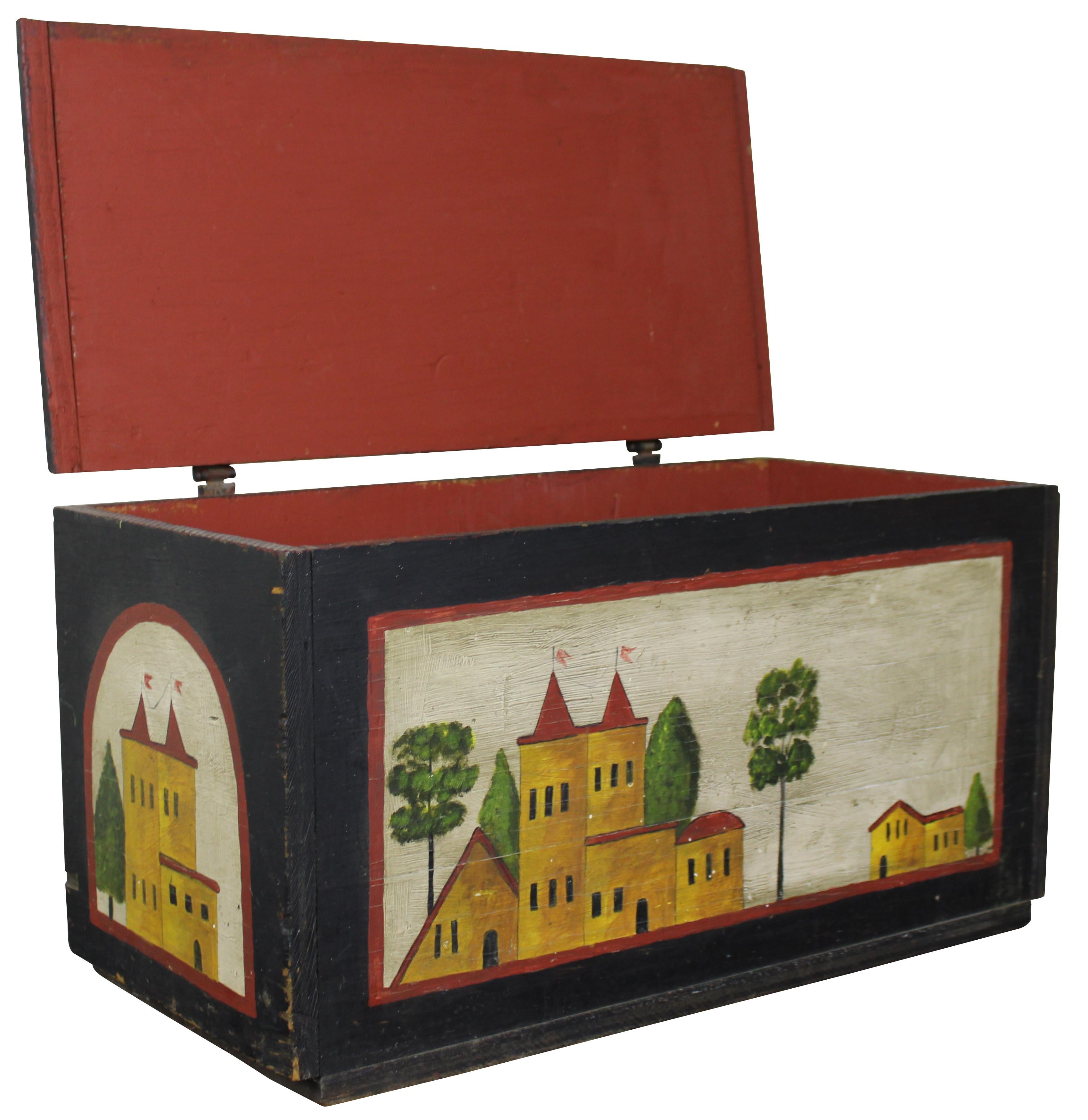Antique Pennsylvania German Folk Art Painted Pine Toy Blanket Chest Castle In Good Condition In Dayton, OH
