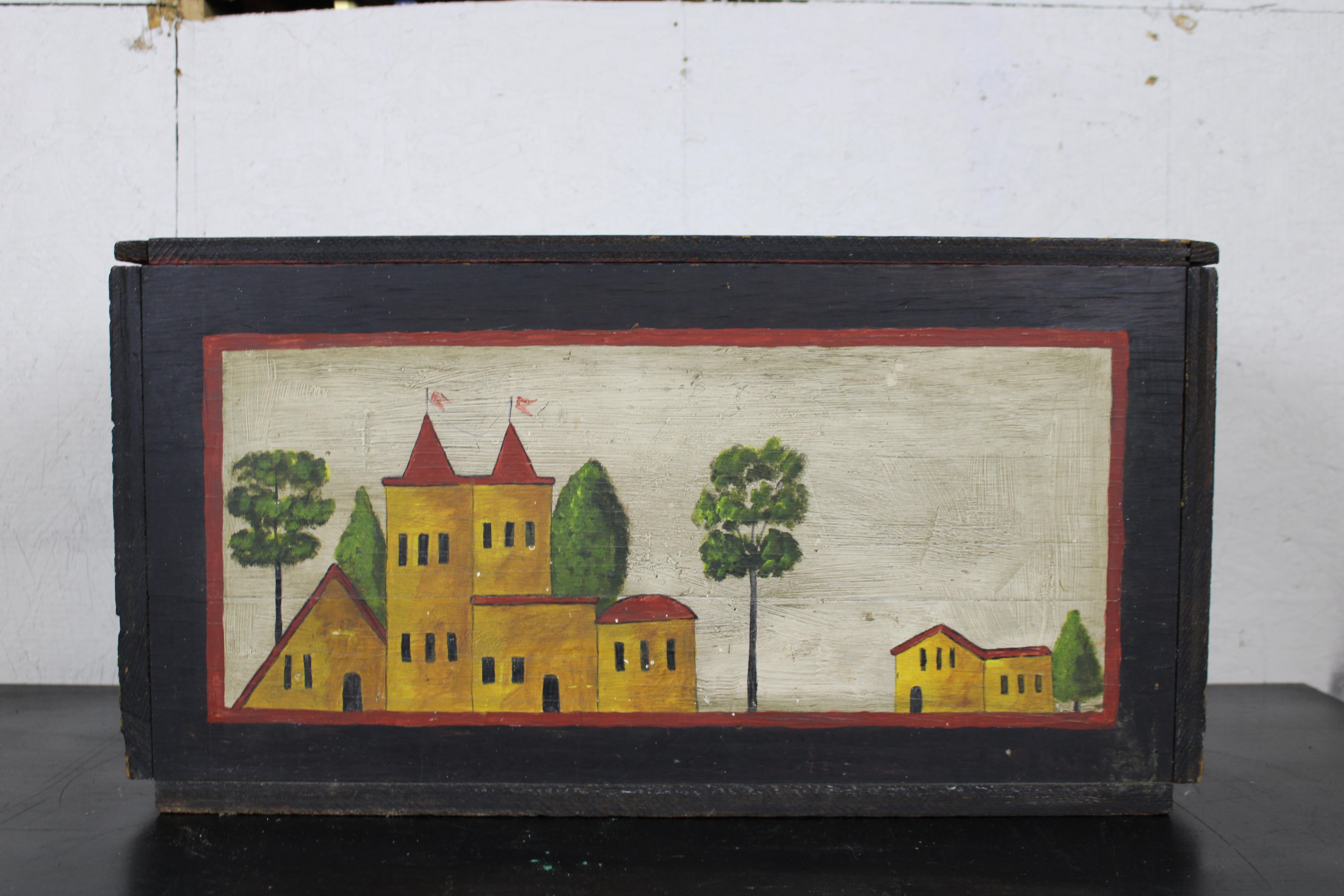 19th Century Antique Pennsylvania German Folk Art Painted Pine Toy Blanket Chest Castle