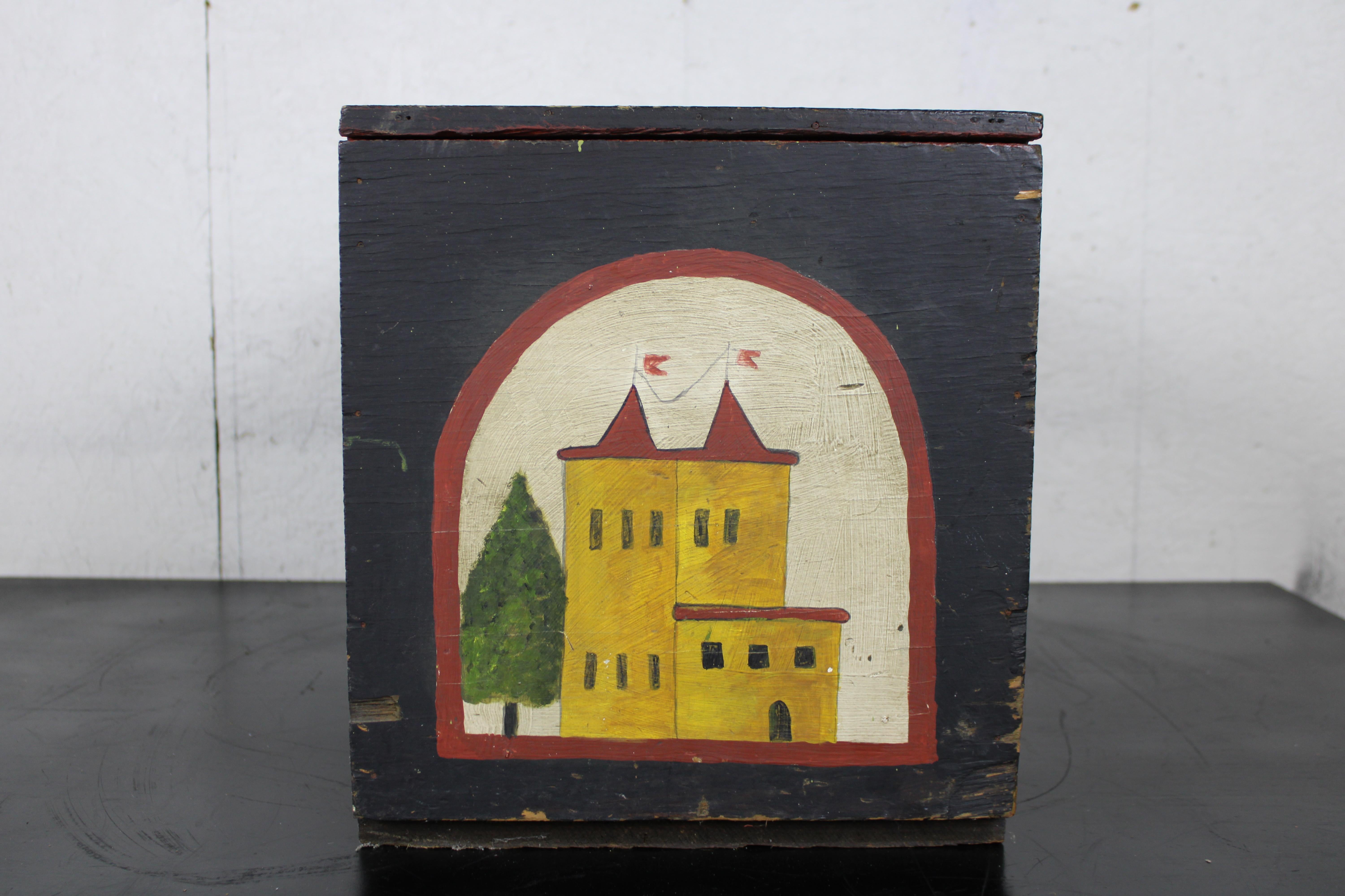 Antique Pennsylvania German Folk Art Painted Pine Toy Blanket Chest Castle 1