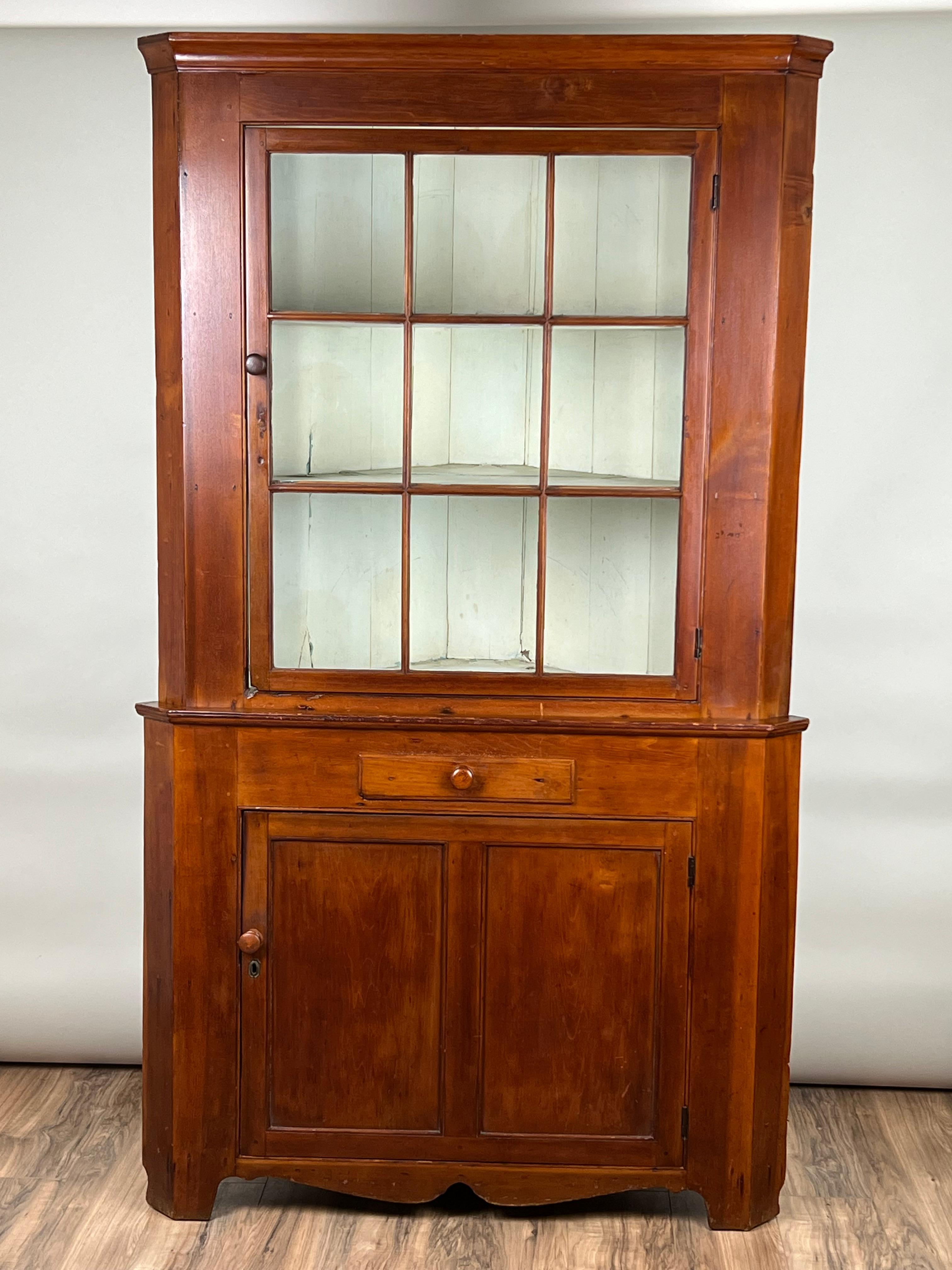 Cette ancienne armoire d'angle à neuf panneaux et porte vitrée de Pennsylvanie, datant du début du XIXe siècle, est un exemple exceptionnel de l'artisanat américain. Fabriquée en pin massif, cette armoire d'angle présente une belle patine riche qui