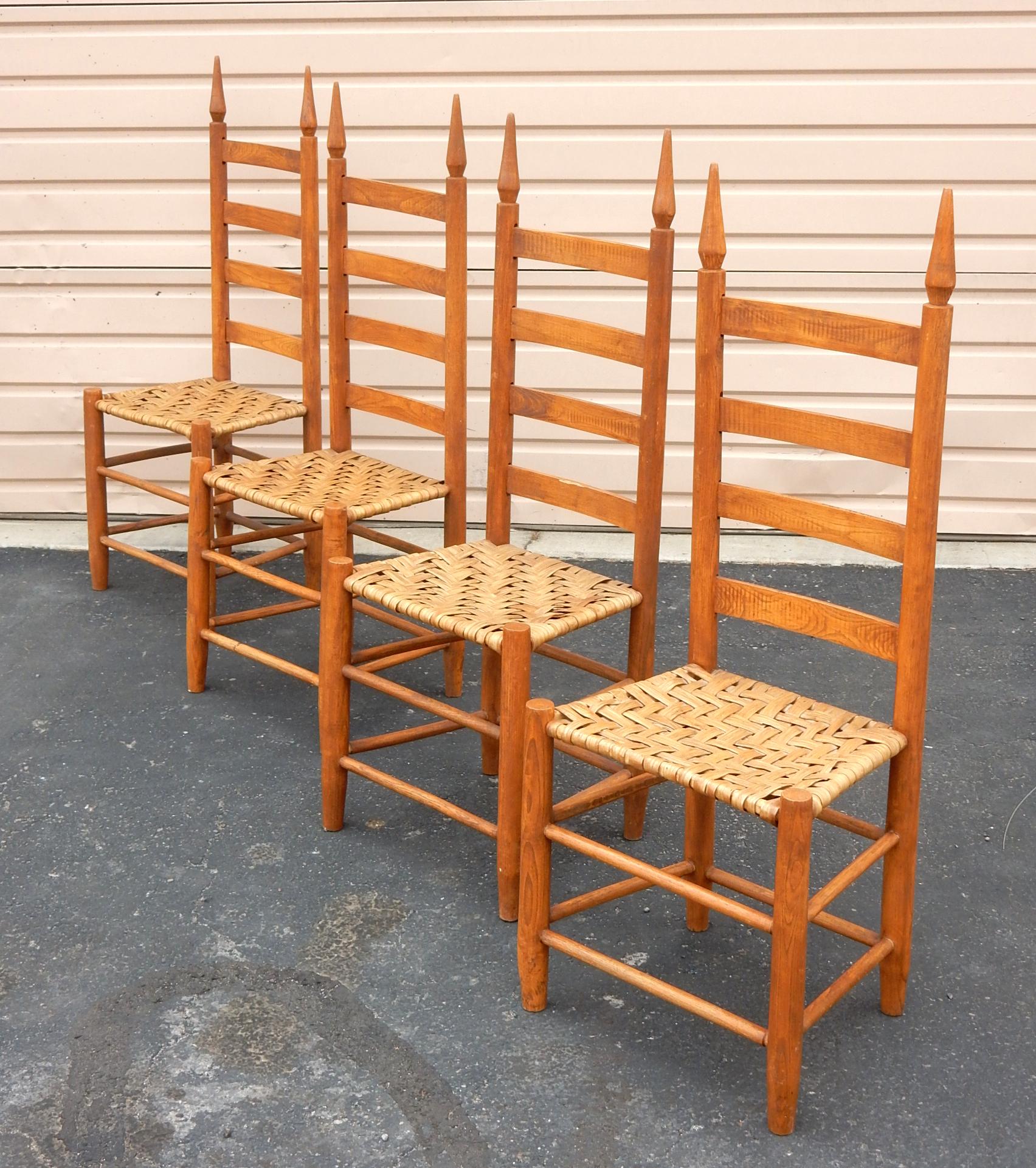 Antique Pennsylvania Shaker Style Tall Ladderback & Rush Dining Chair Set For Sale 6