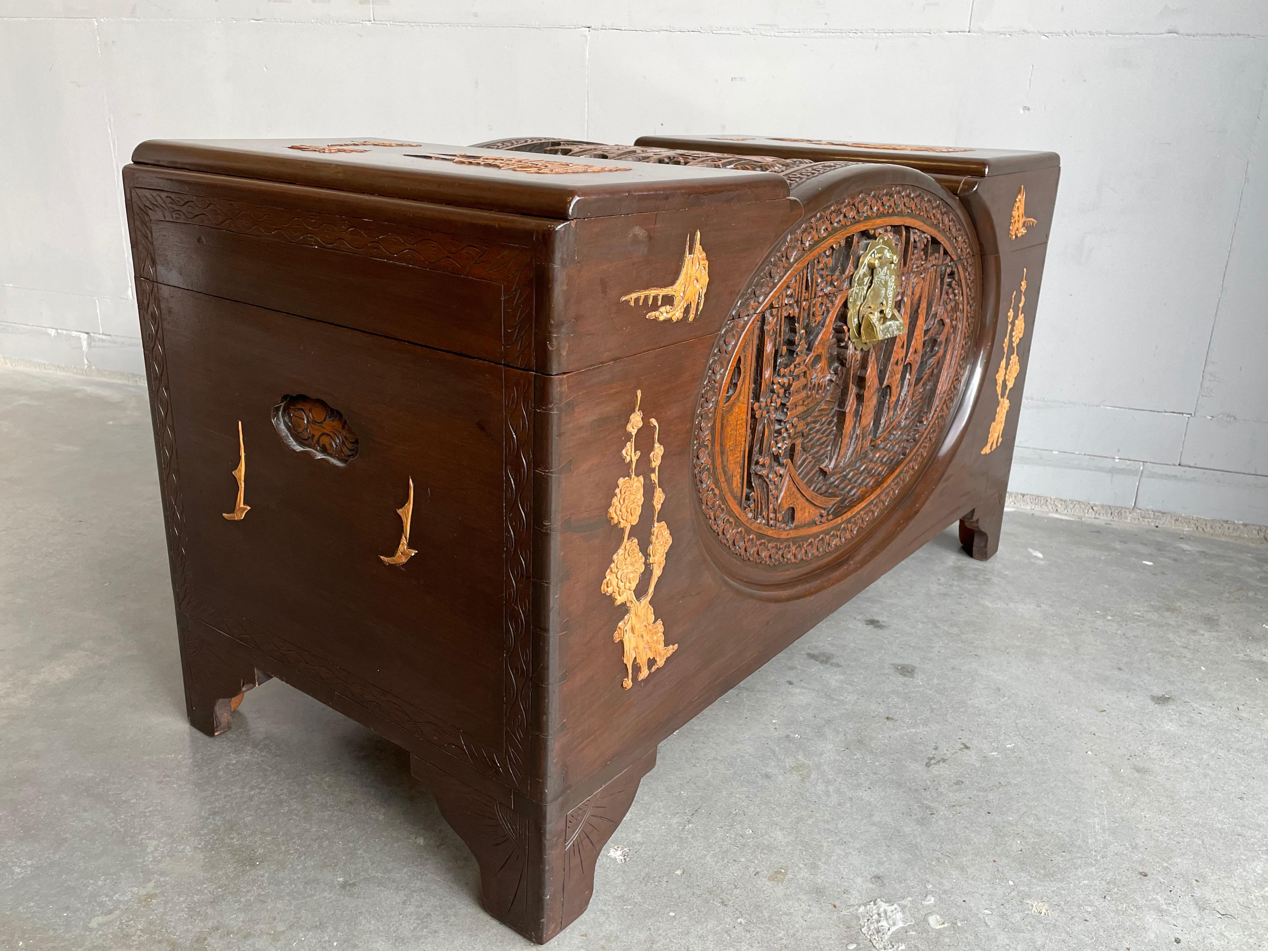 Antique & Perfectly Hand Carved Teakwood Chinese Blanket Chest w. Boat Sculpture 4