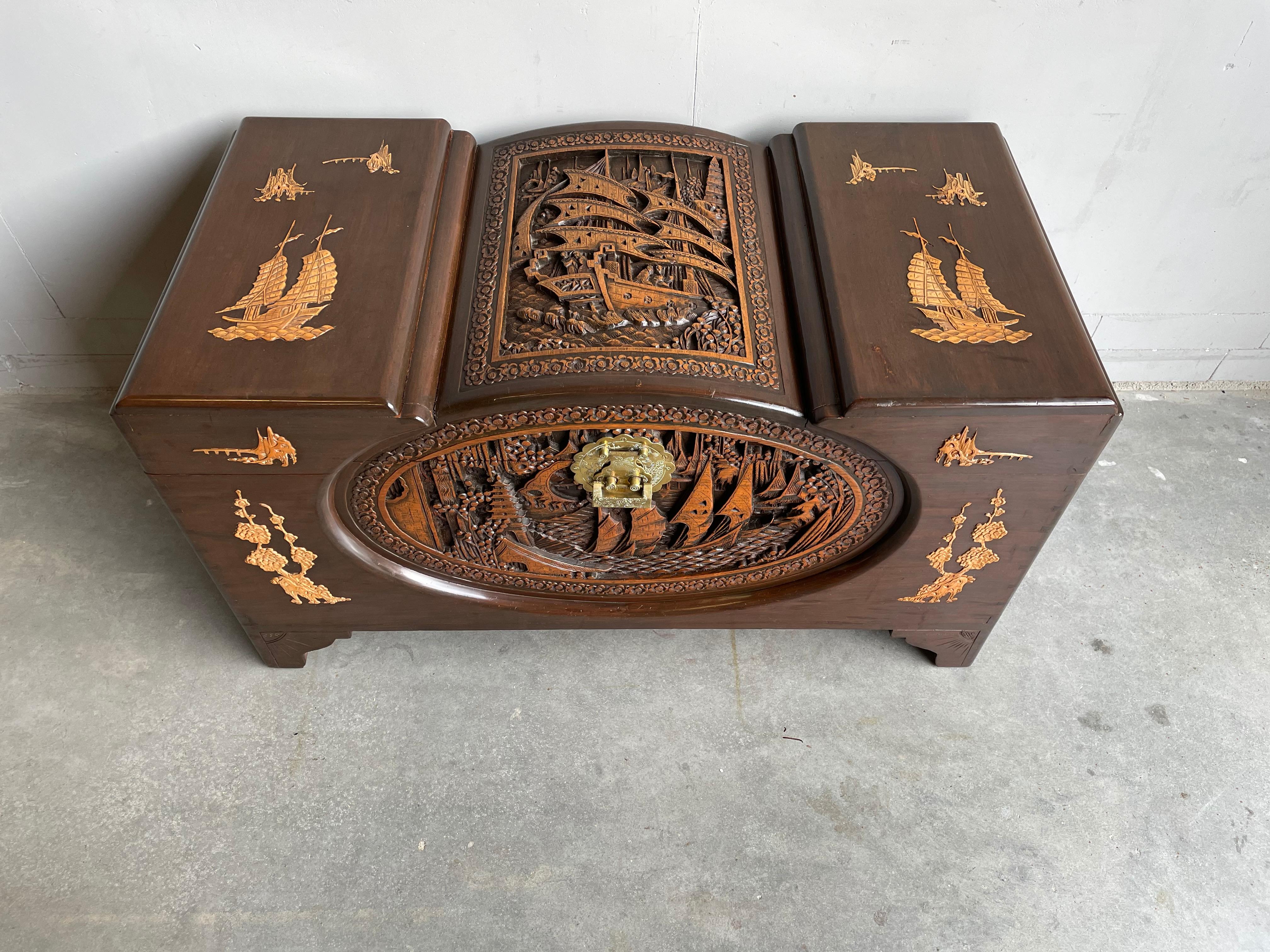 Antique & Perfectly Hand Carved Teakwood Chinese Blanket Chest w. Boat Sculpture 8