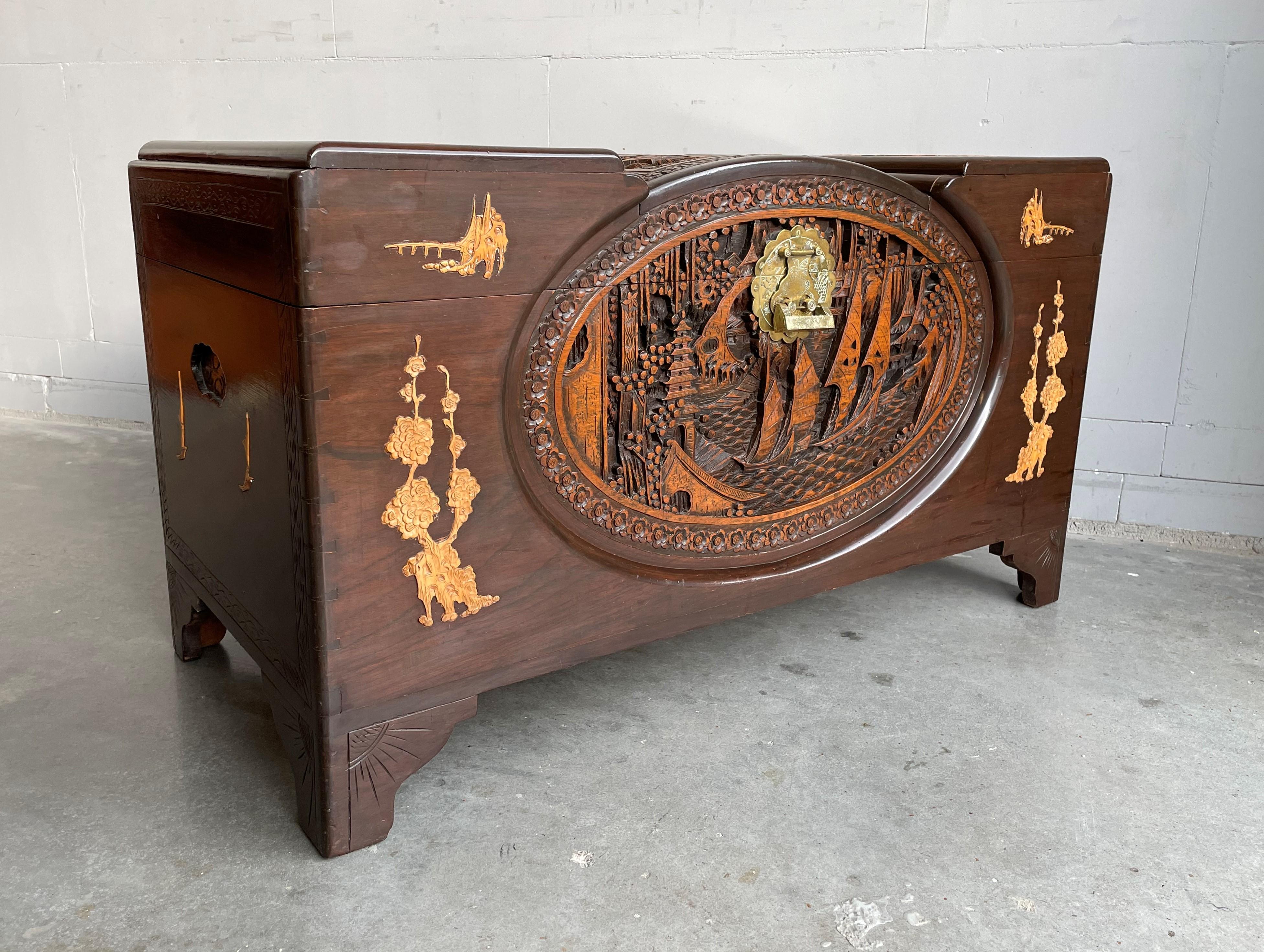 Early 20th century, richly carved Chinese trunk with decorations on all sides.

If you are looking for a decorative and useful piece of furniture with a distinct Asian design then this all handcrafted Chinese 'blanket chest' could be perfect. By the