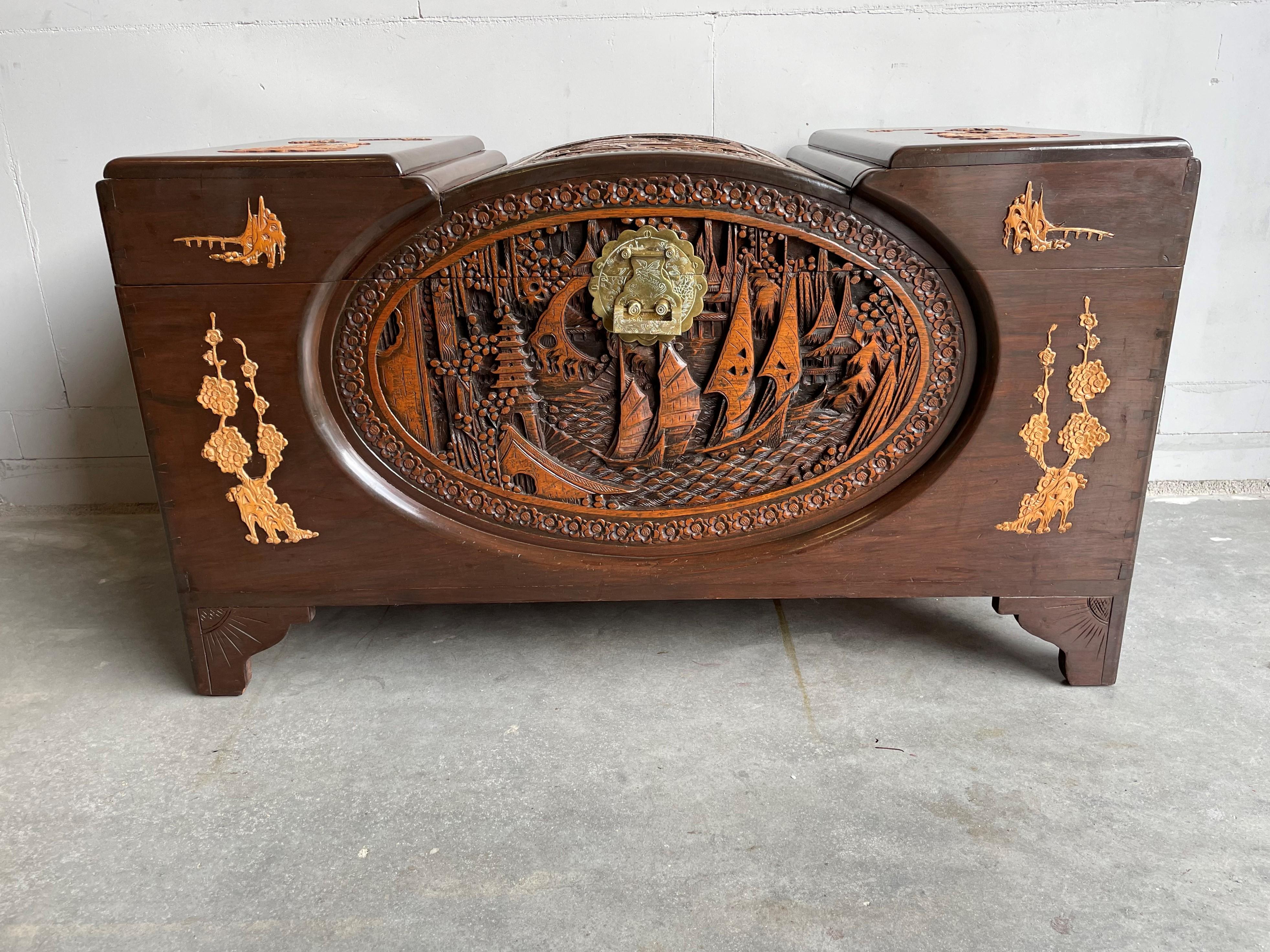 Chinese Export Antique & Perfectly Hand Carved Teakwood Chinese Blanket Chest w. Boat Sculpture