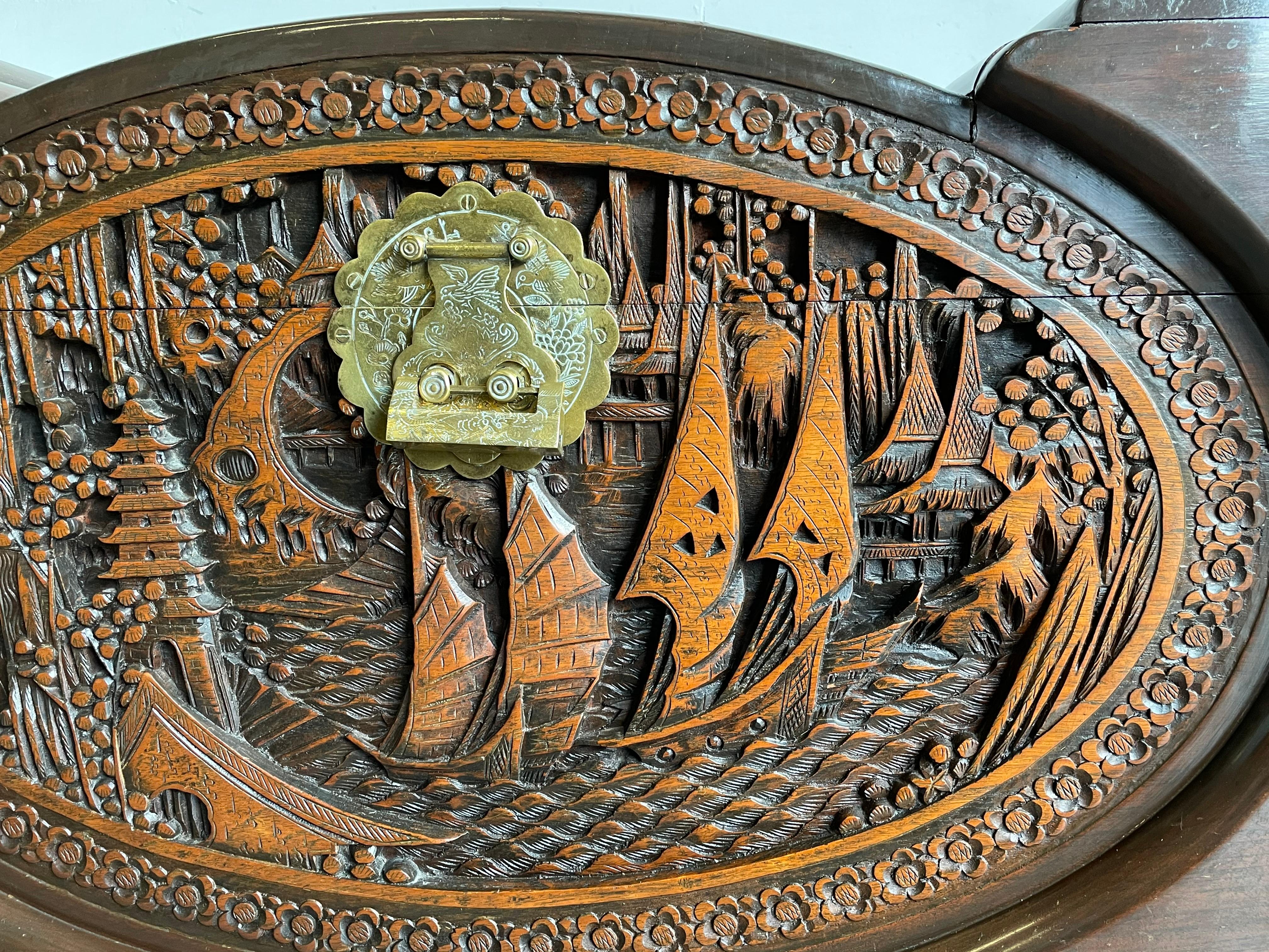 Hand-Carved Antique & Perfectly Hand Carved Teakwood Chinese Blanket Chest w. Boat Sculpture