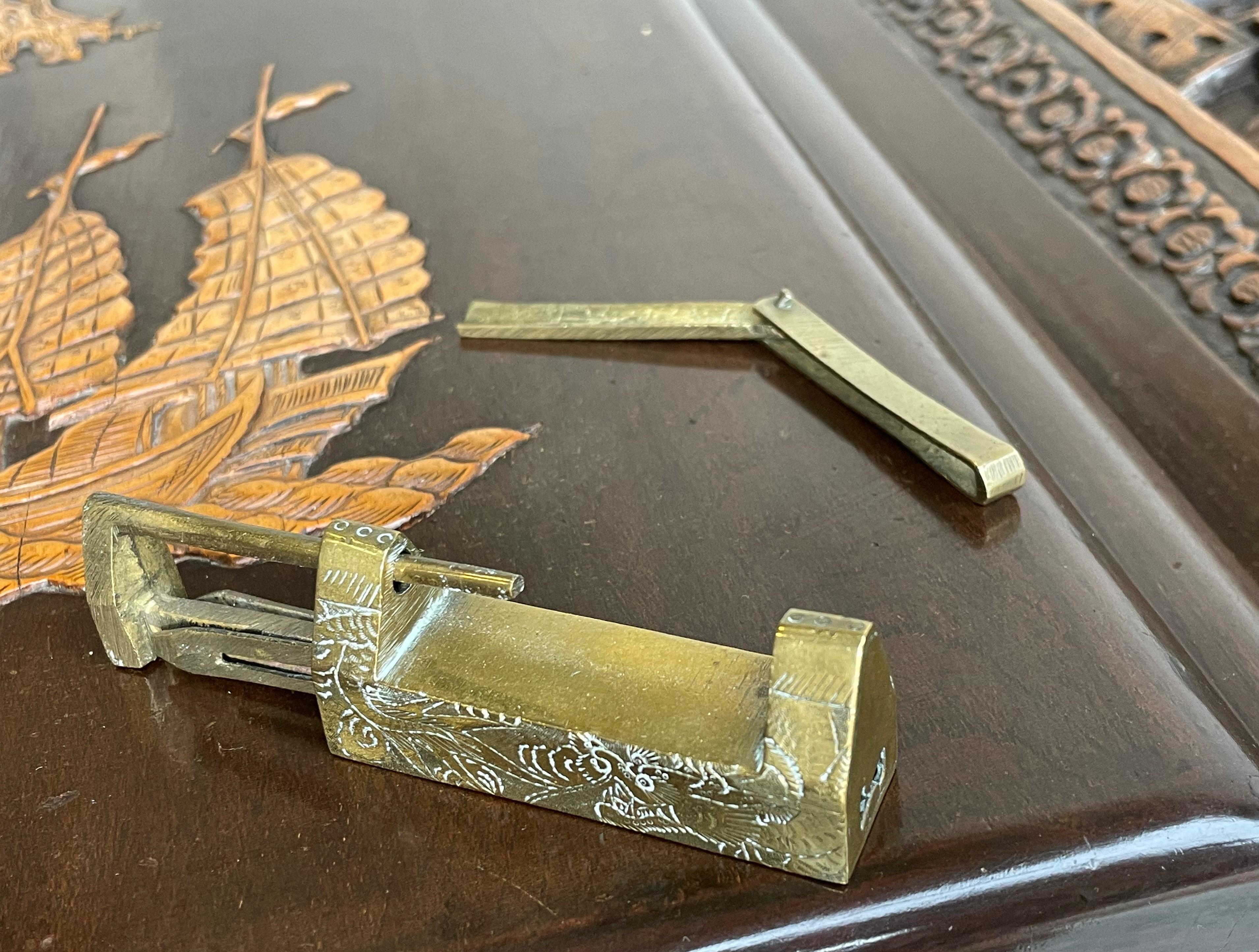 Brass Antique & Perfectly Hand Carved Teakwood Chinese Blanket Chest w. Boat Sculpture