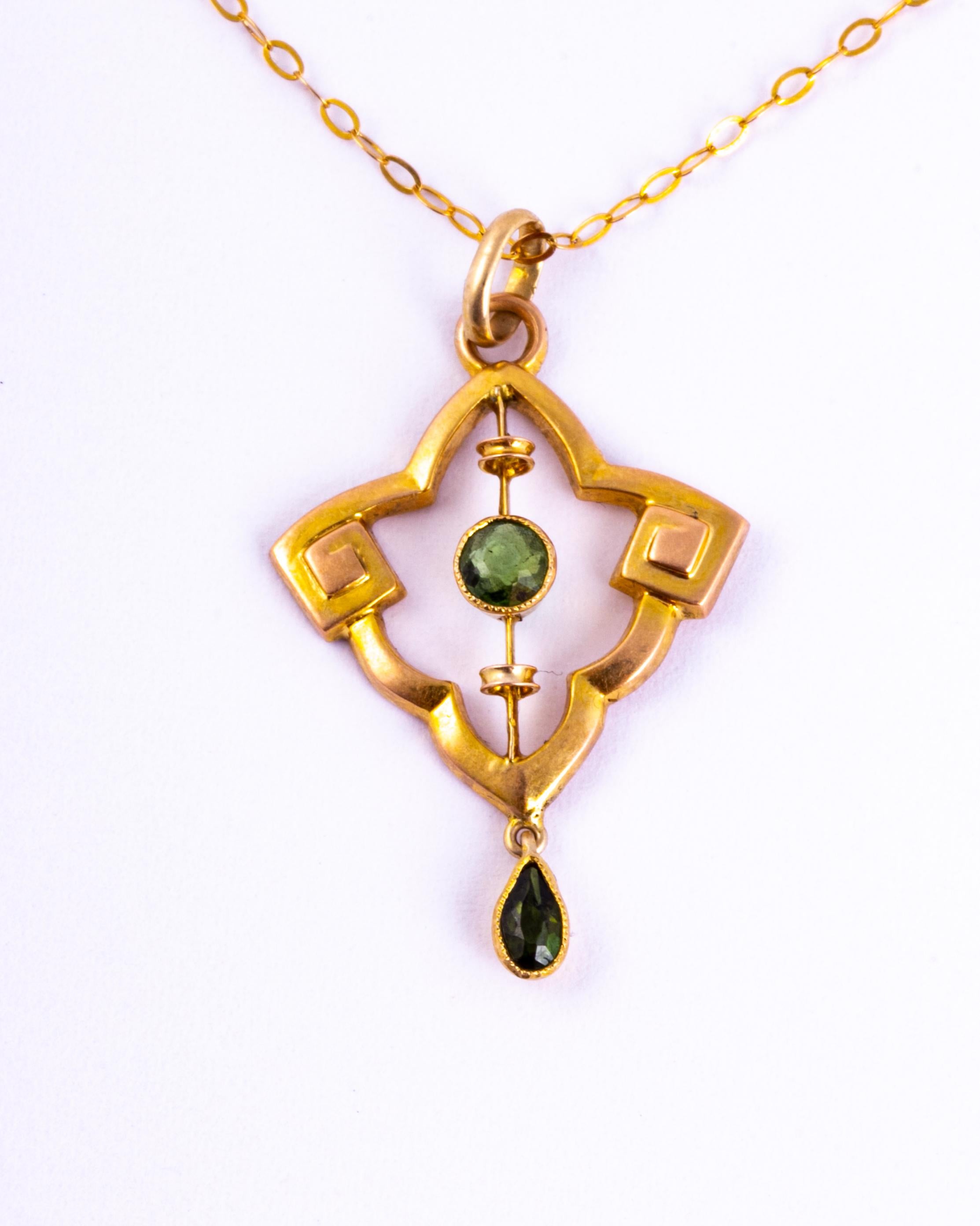 Pear Cut Antique Peridot and 9 Carat Gold Pendant and Chain