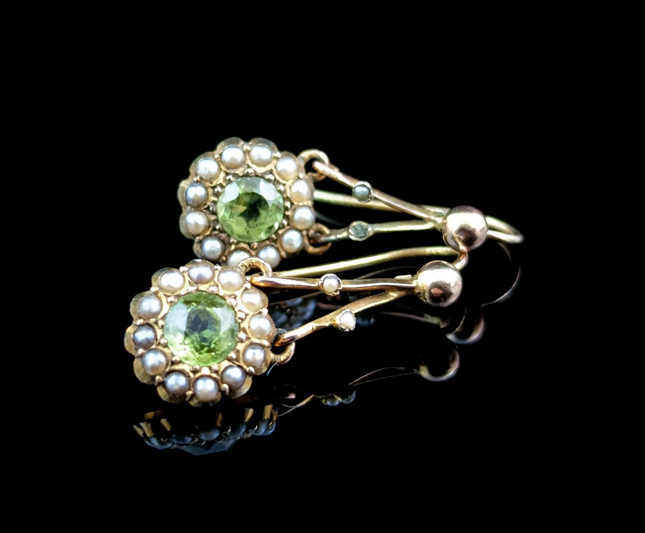 Antike Peridot- und Perlen-Tropfen-Ohrringe, 9k Gold, Edwardian  6
