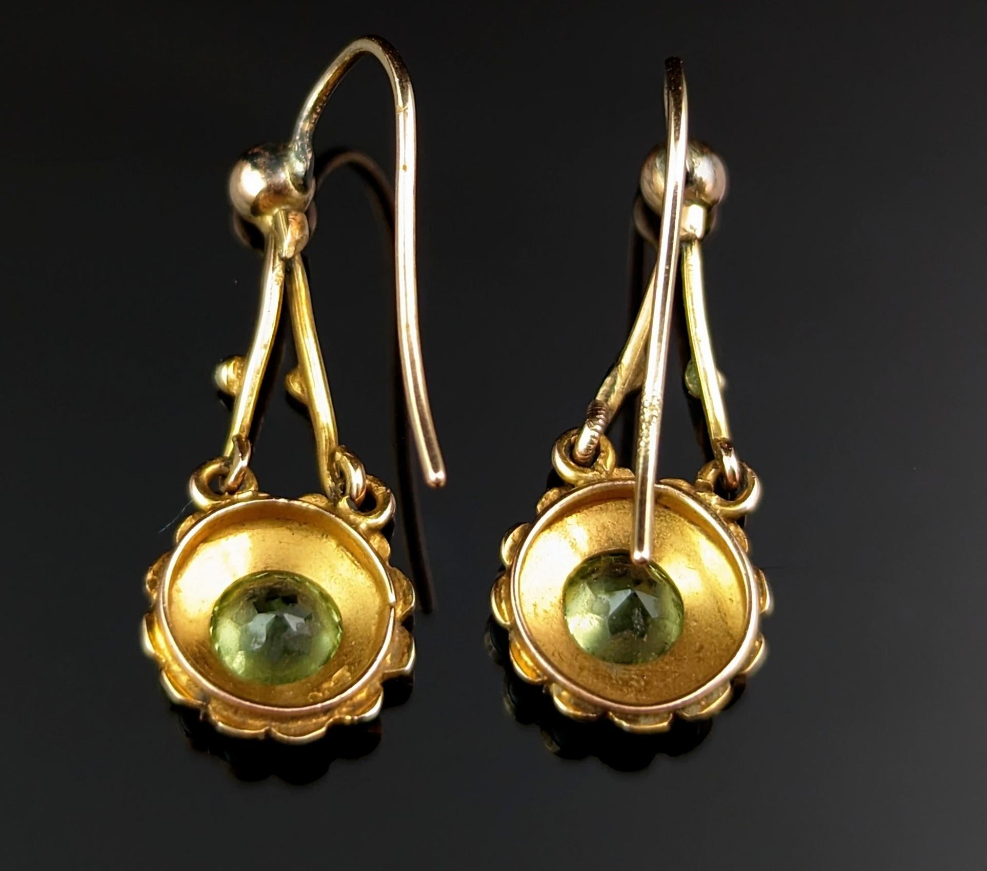 Antique Peridot and Pearl Drop Earrings, 9k Gold, Edwardian 7