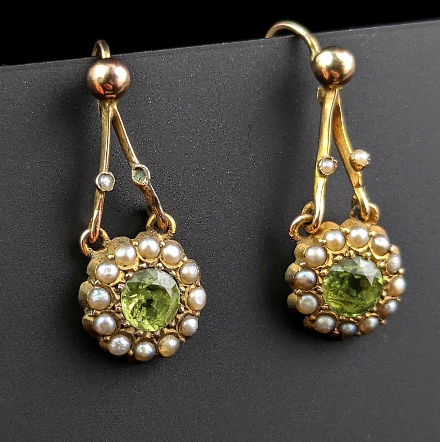 Round Cut Antique Peridot and Pearl Drop Earrings, 9k Gold, Edwardian