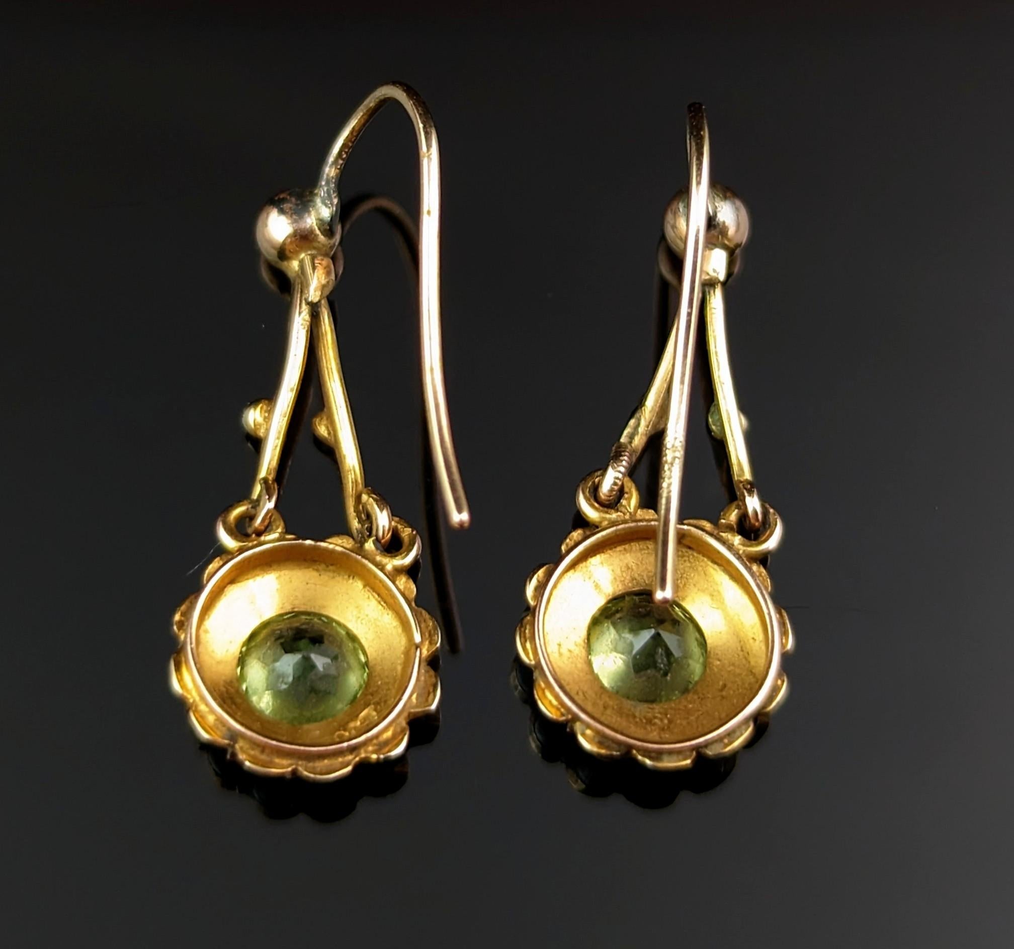 Women's Antique Peridot and Pearl Drop Earrings, 9k Gold, Edwardian