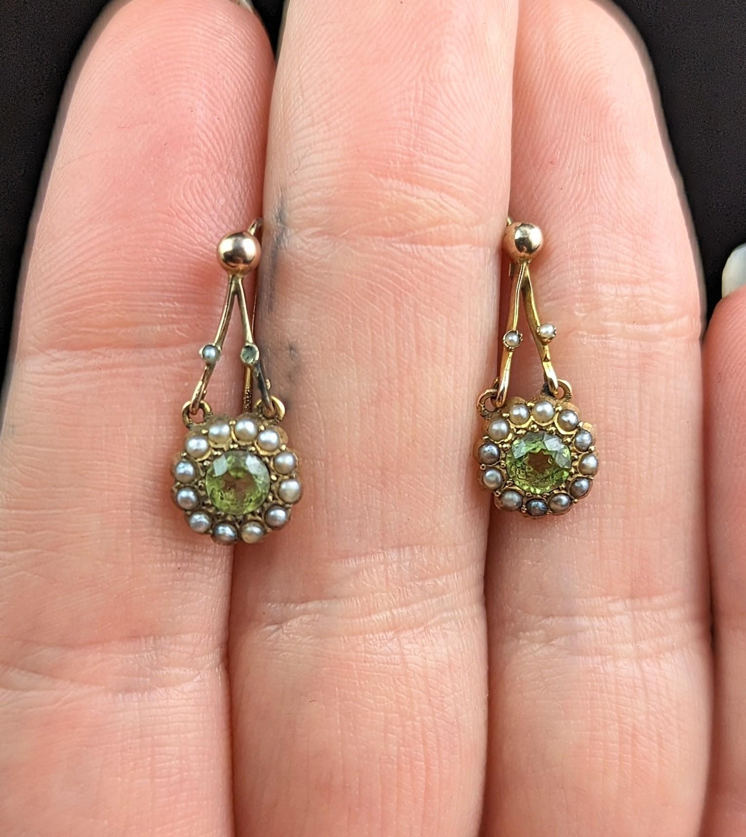 Antike Peridot- und Perlen-Tropfen-Ohrringe, 9k Gold, Edwardian  1