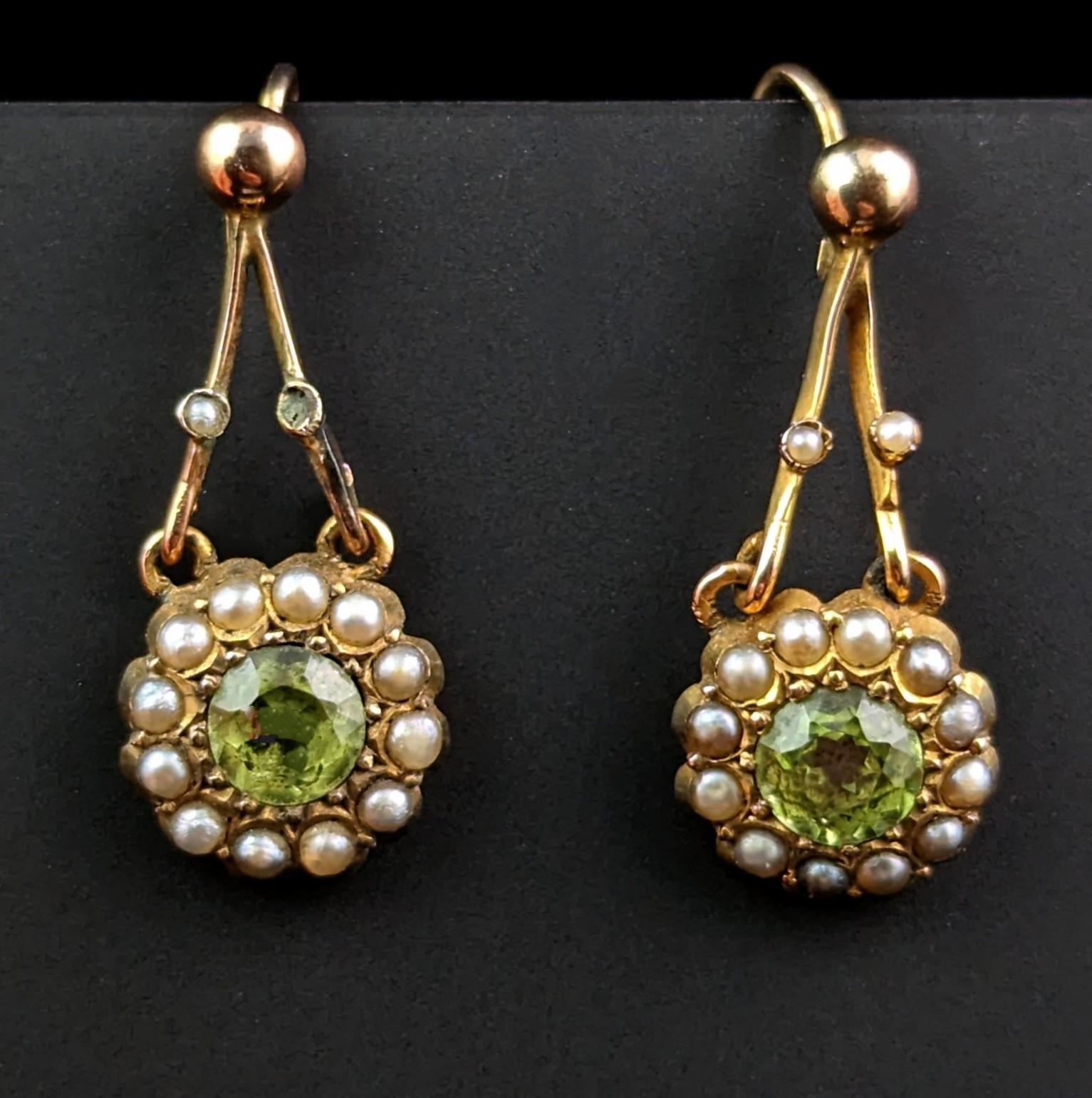Antique Peridot and Pearl Drop Earrings, 9k Gold, Edwardian 2