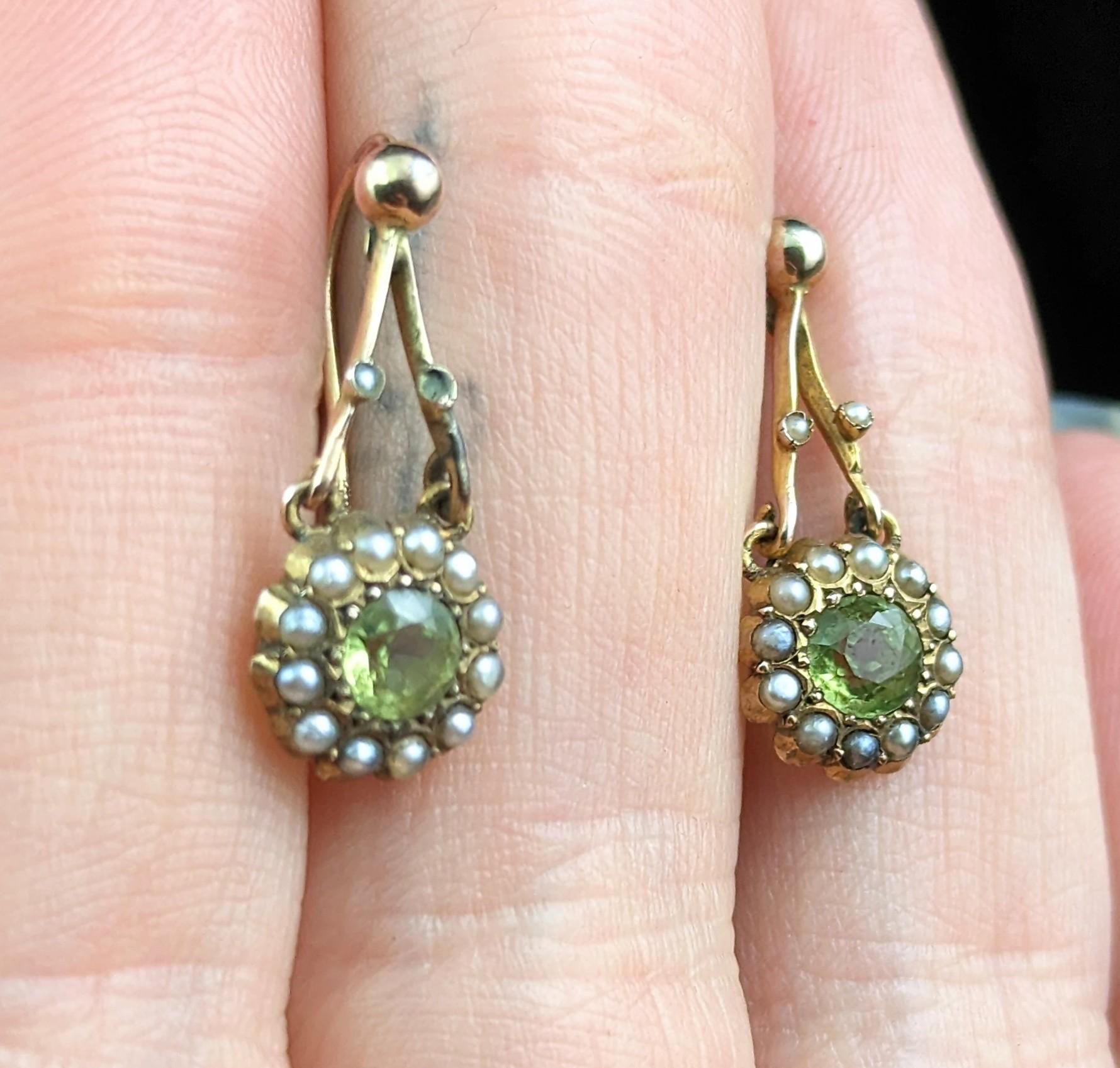 Antique Peridot and Pearl Drop Earrings, 9k Gold, Edwardian 4