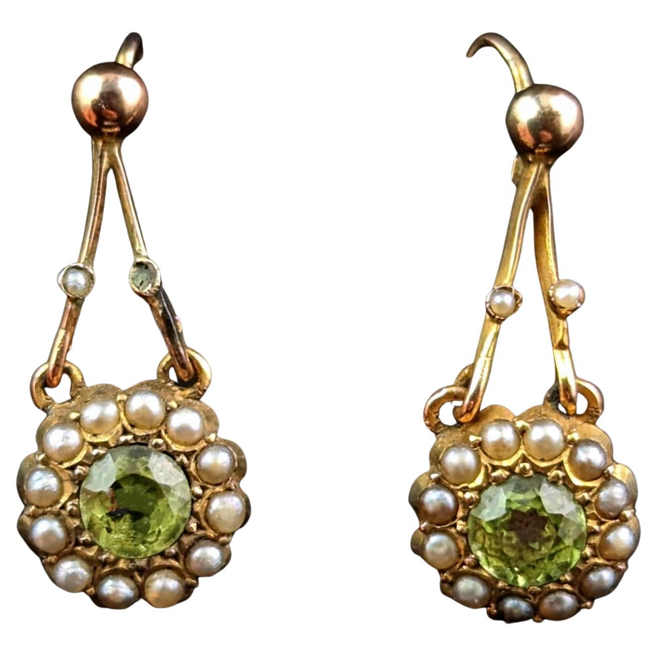 Antique Peridot and Pearl Drop Earrings, 9k Gold, Edwardian