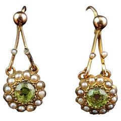 Antique Peridot and Pearl Drop Earrings, 9k Gold, Edwardian