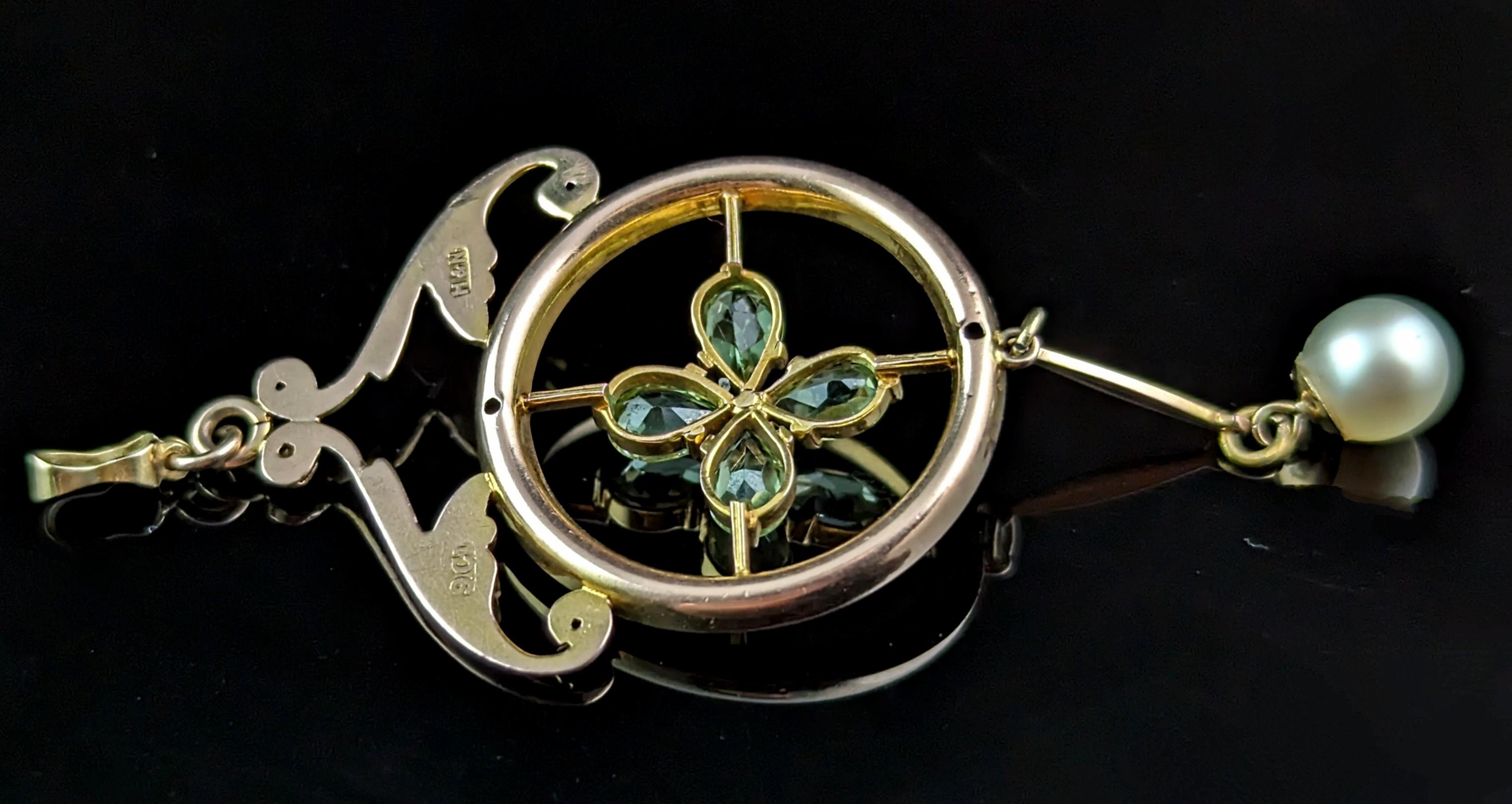 Antique Peridot and Pearl drop pendant, 9k gold, Art Nouveau  5