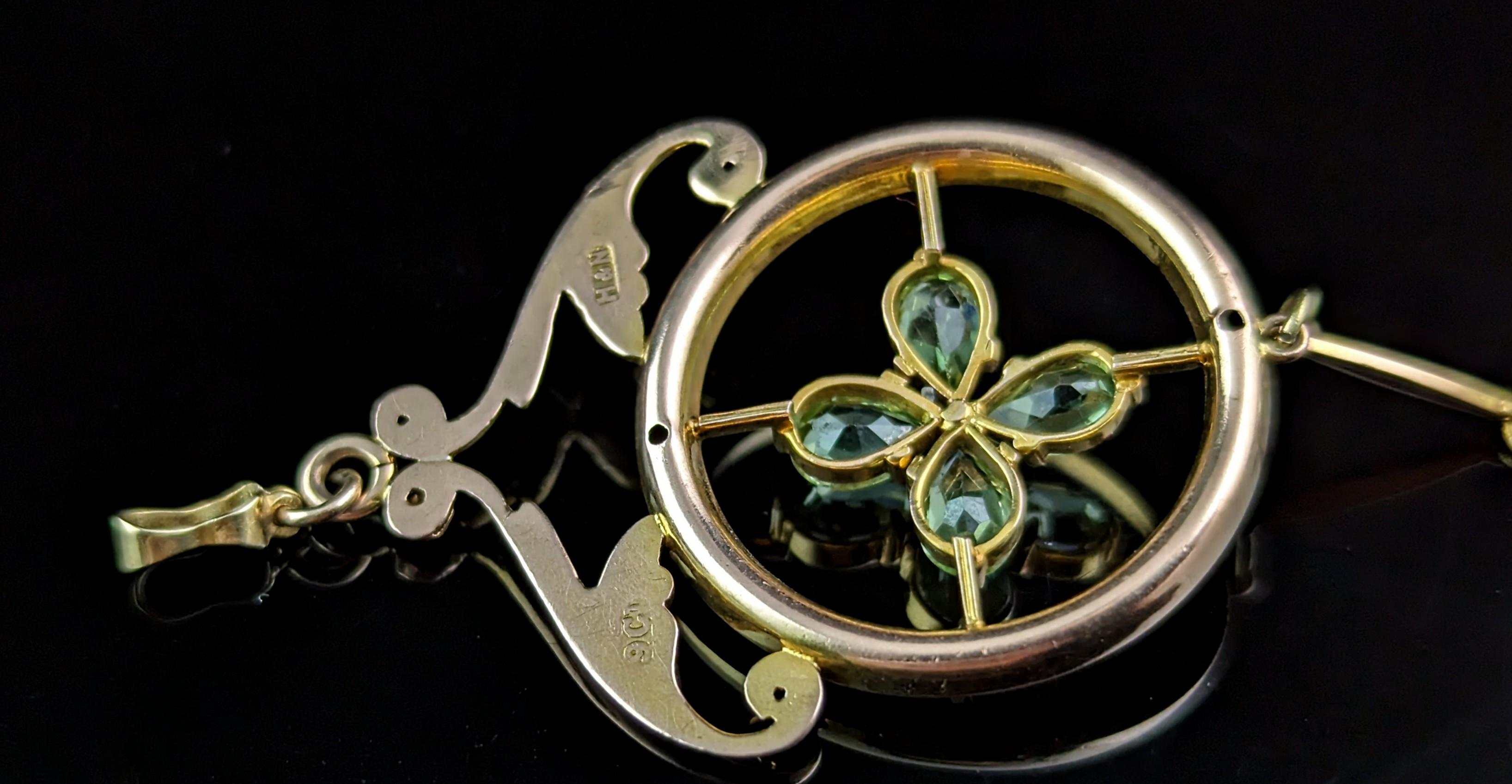 Antique Peridot and Pearl drop pendant, 9k gold, Art Nouveau  7