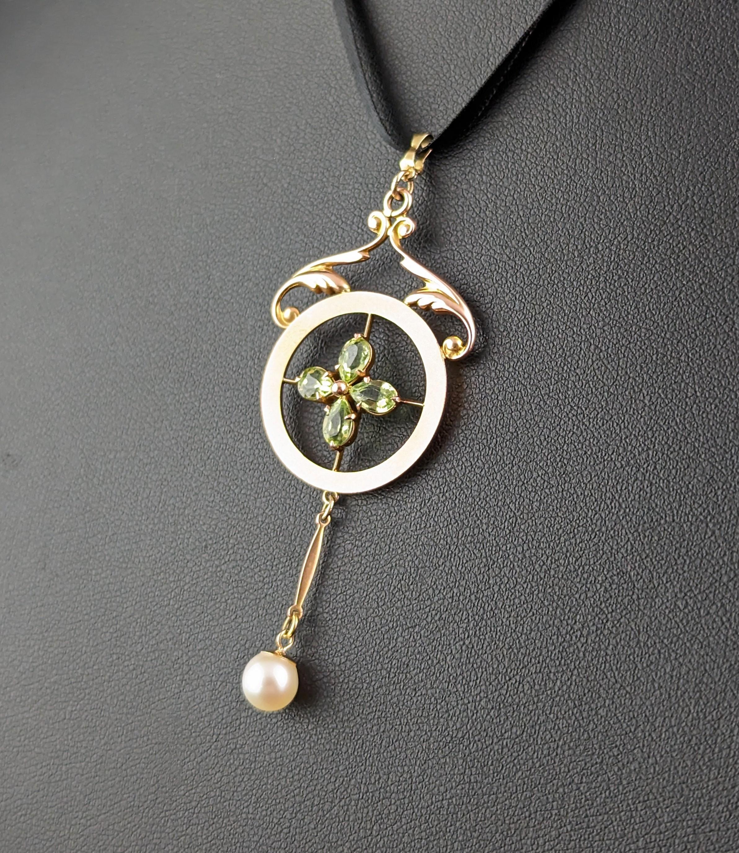 Women's Antique Peridot and Pearl drop pendant, 9k gold, Art Nouveau 