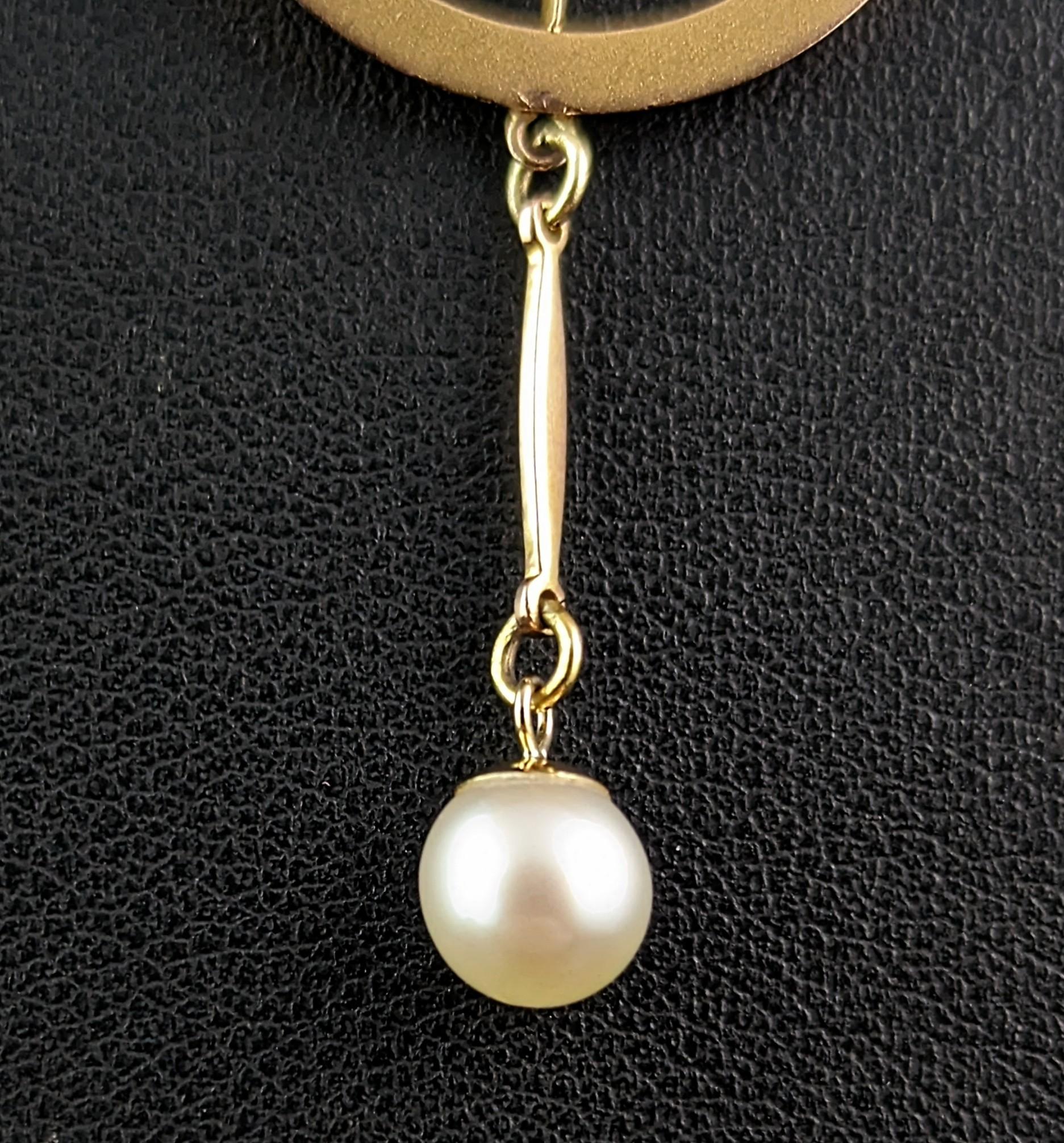 Antique Peridot and Pearl drop pendant, 9k gold, Art Nouveau  2