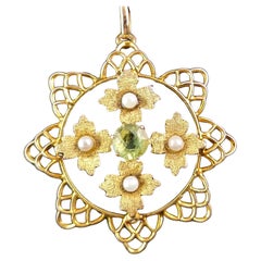 Antique Peridot and Pearl flower pendant, 9k yellow gold, Edwardian 