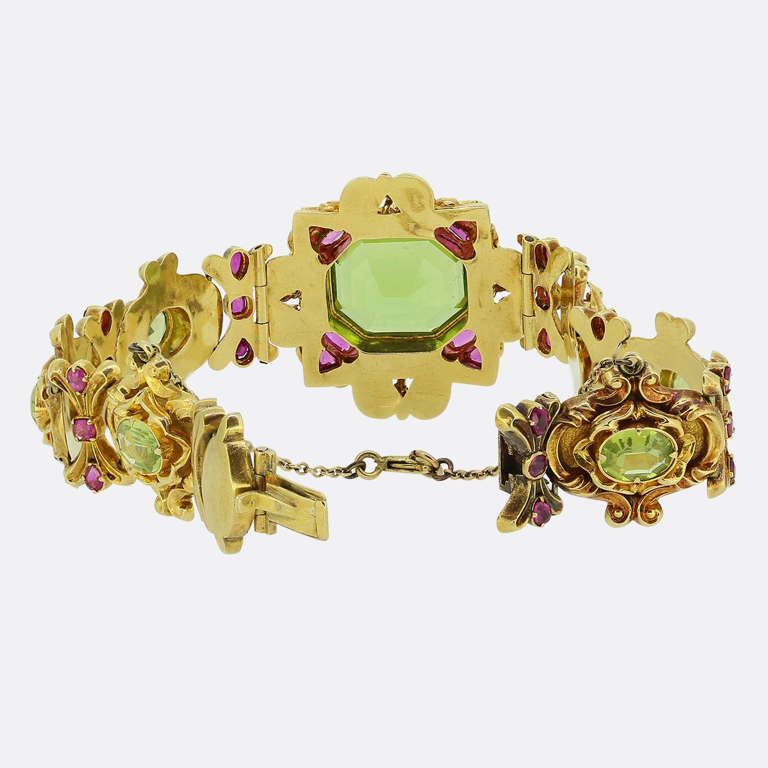 Emerald Cut Antique Peridot and Ruby Bracelet