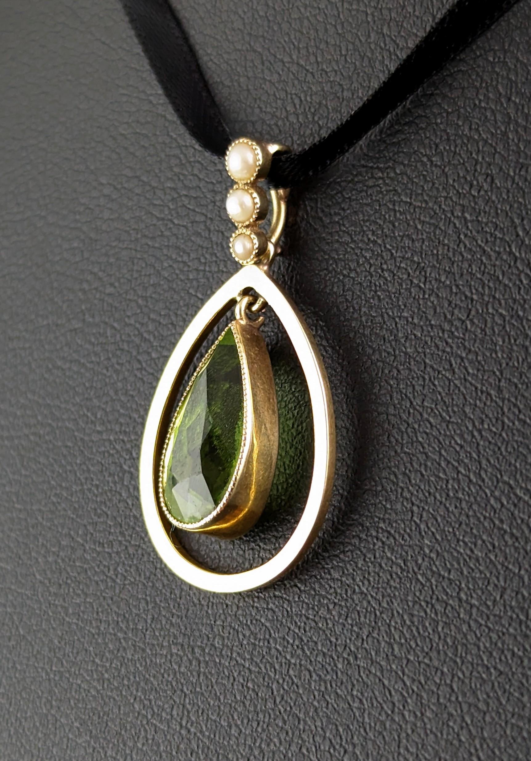 Pear Cut Antique Peridot and seed pearl pendant, 9k gold, Art Nouveau 