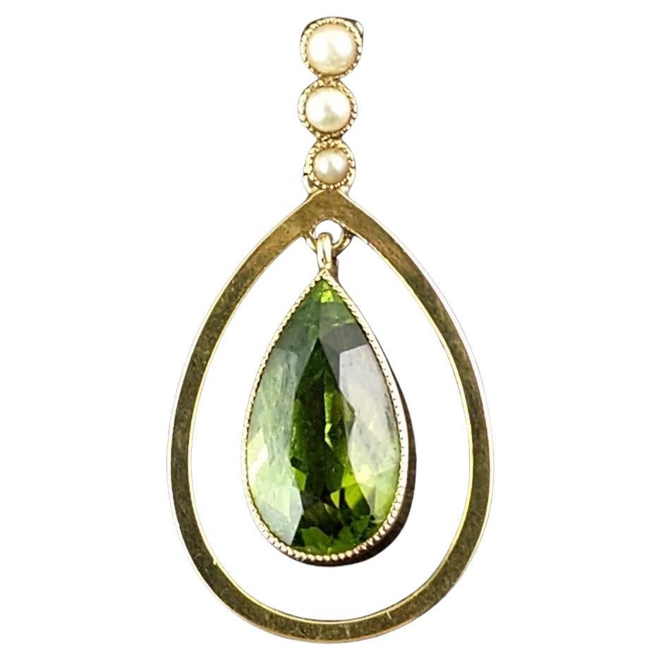 Antique Art Nouveau Peridot and Pearl Rose Gold Pendant For Sale at 1stDibs