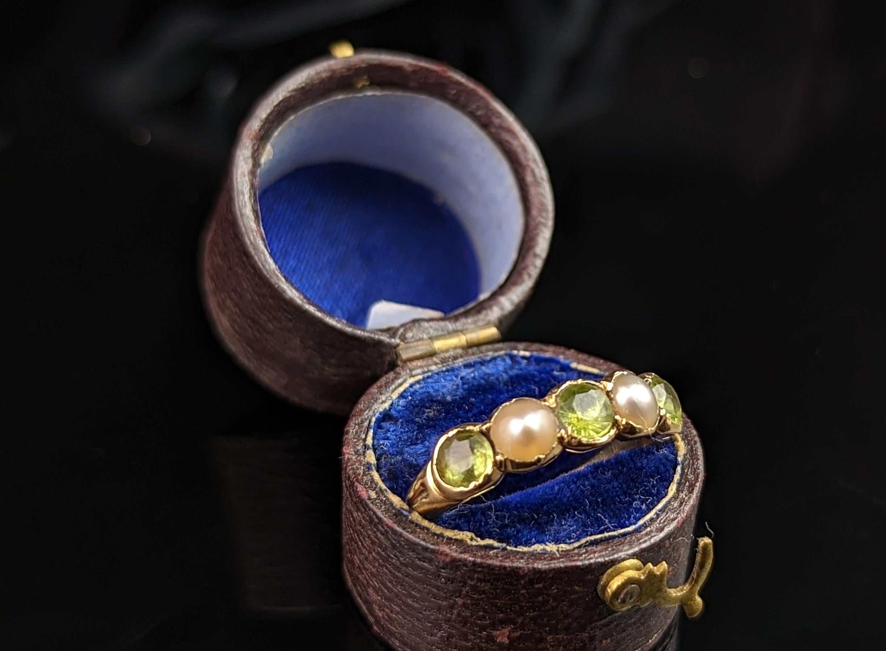 Antique Peridot and Split Pearl Half Hoop Ring, 18k Yellow Gold 8